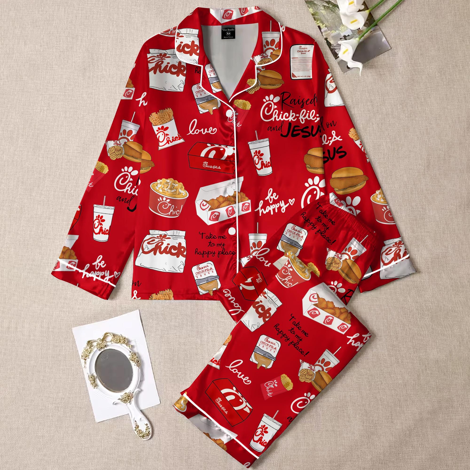 Chicken Nugget Lover Pajamas , Silk PJs with Chicken Nugget Inspired Food Print,Chicken, Fries & Sauces, Cute Comfort Sleepwear Gift for Her