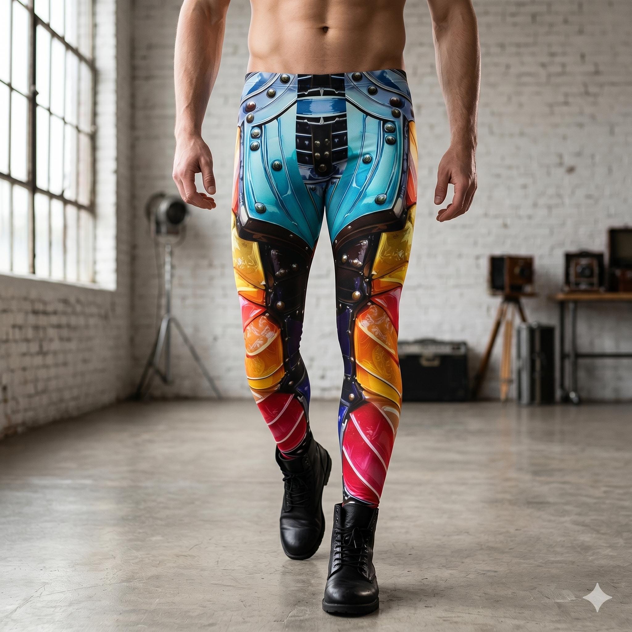 Psychedelic Gladiator Mens Leggings Rave Exoskeleton Armor Running Pants Workout Cycling Athletic Fitness Exercise Wrestling Luchador Gift