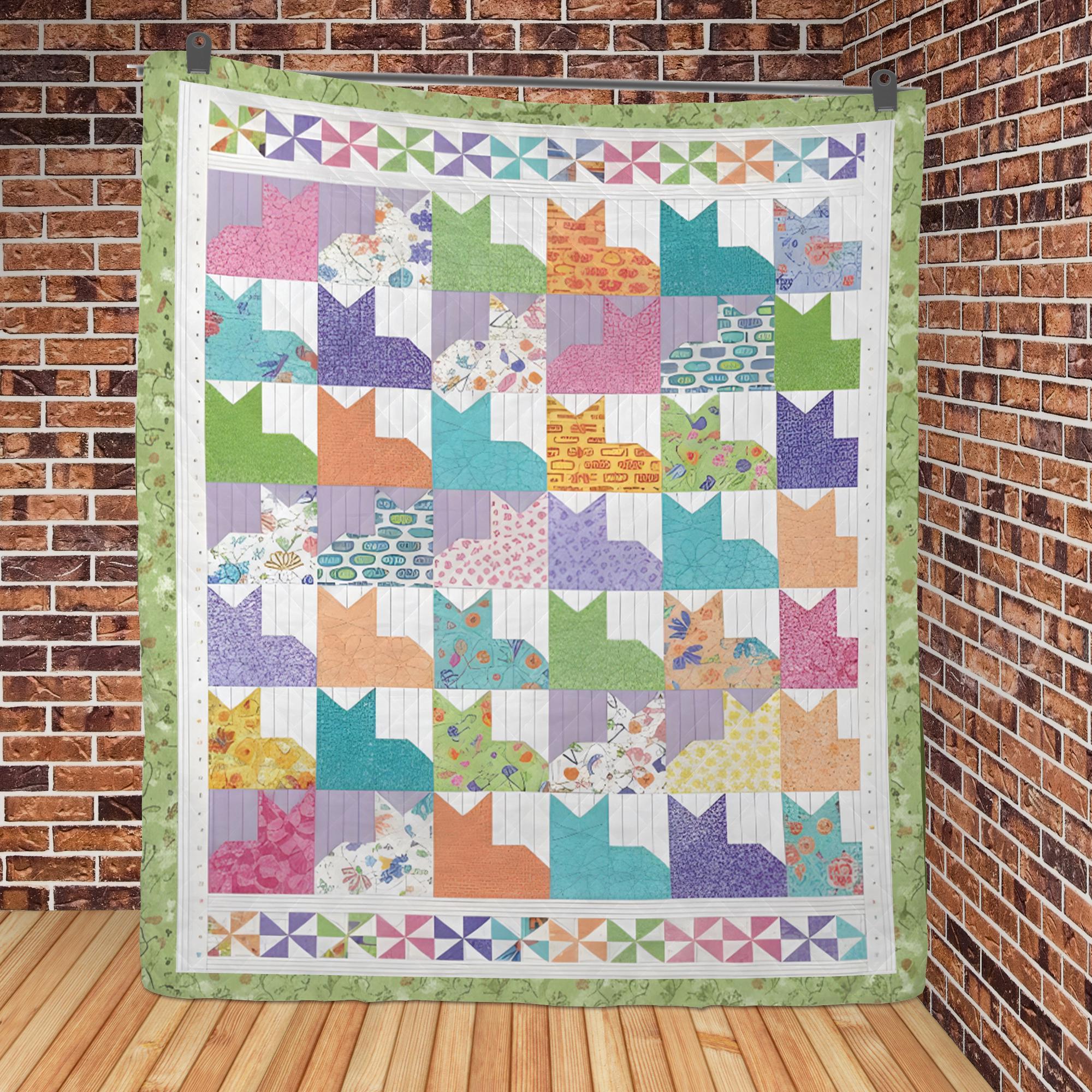 Pastel Cat Quilt Blanket, Geometric Kitten Animal Bedspread, Cozy Feline