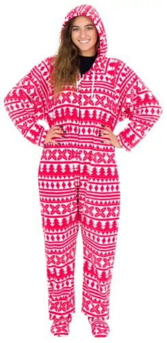 Red and White Christmas Hooded Jumpsuit | Adult Jumpsuit | Adult Onesie