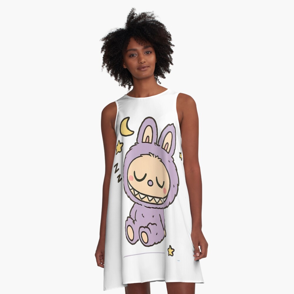Sleeping Purple Labubu Under Moon and Stars A-Line Dress, Gift for Her