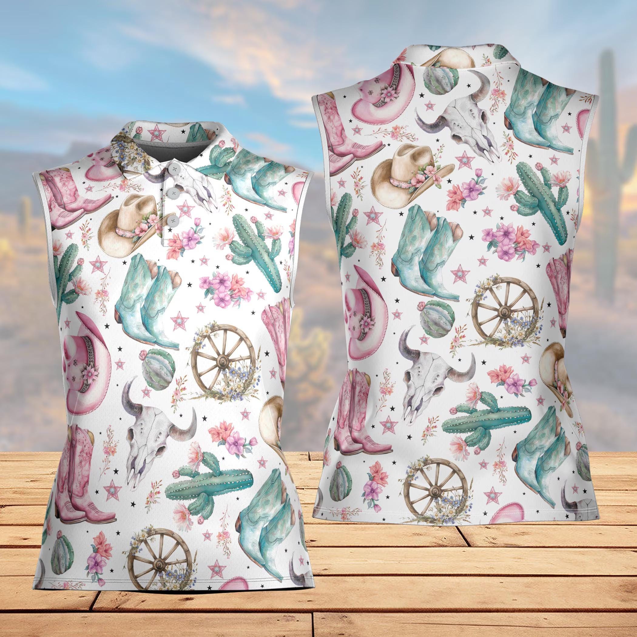 Western Cowboy Women’s Sleeveless Polo Shirt, Cowgirl Floral Golf Top, Country Themed Sleeveless Polo