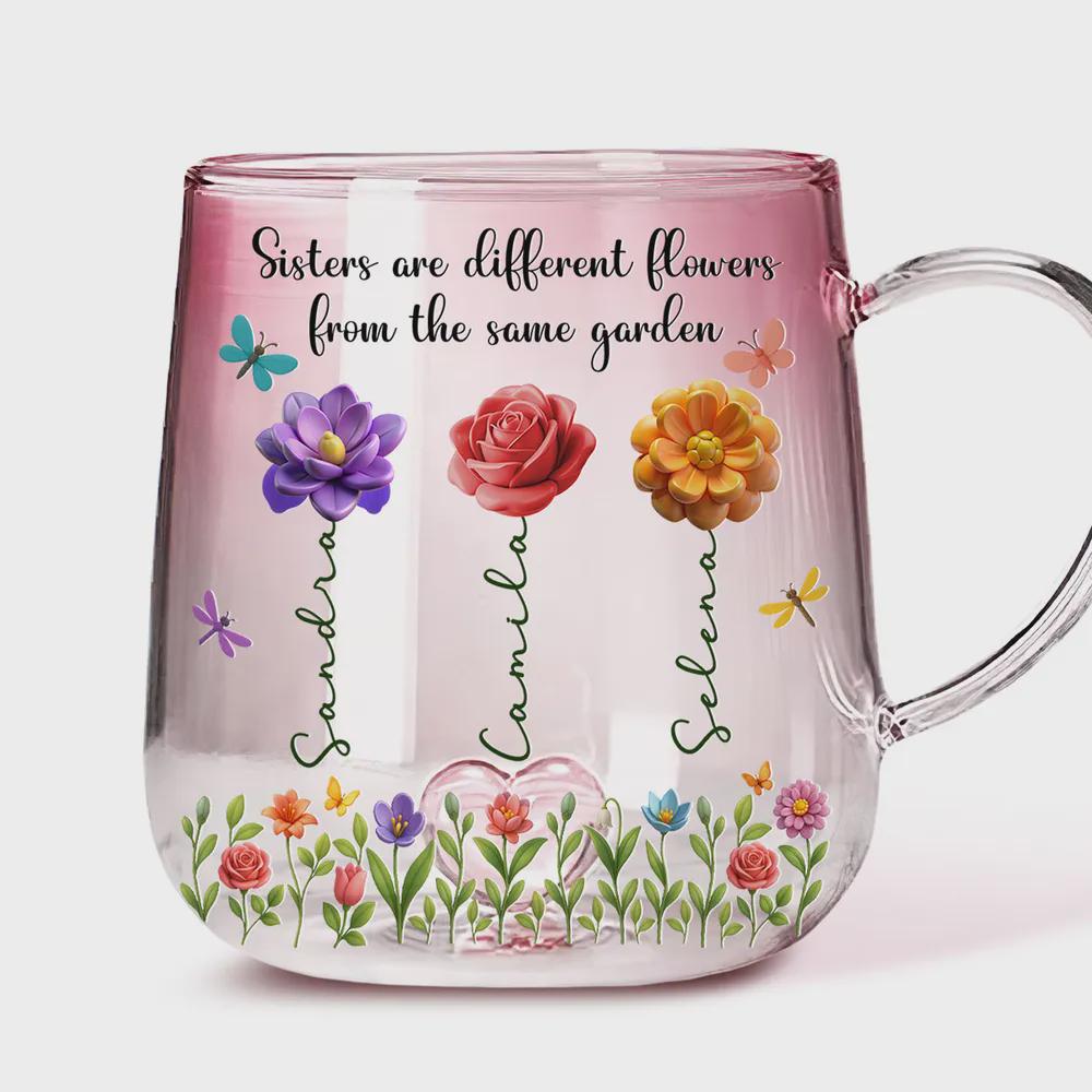 Sister Gifts, Sisters Gifts from Sister, Sisters Are Different Flowers Mug, Month Flower, Sister Gifts For Birthday, Pink Gradient Glass Mug