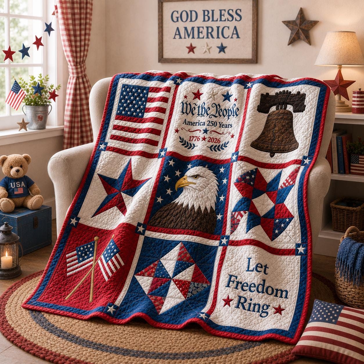 Patriotic Quilt Blanket, America 250 Anniversary Bedding, Eagle Liberty Bell Throw, Independence Day Decor, GIFT 2026, July 4th USA Gift