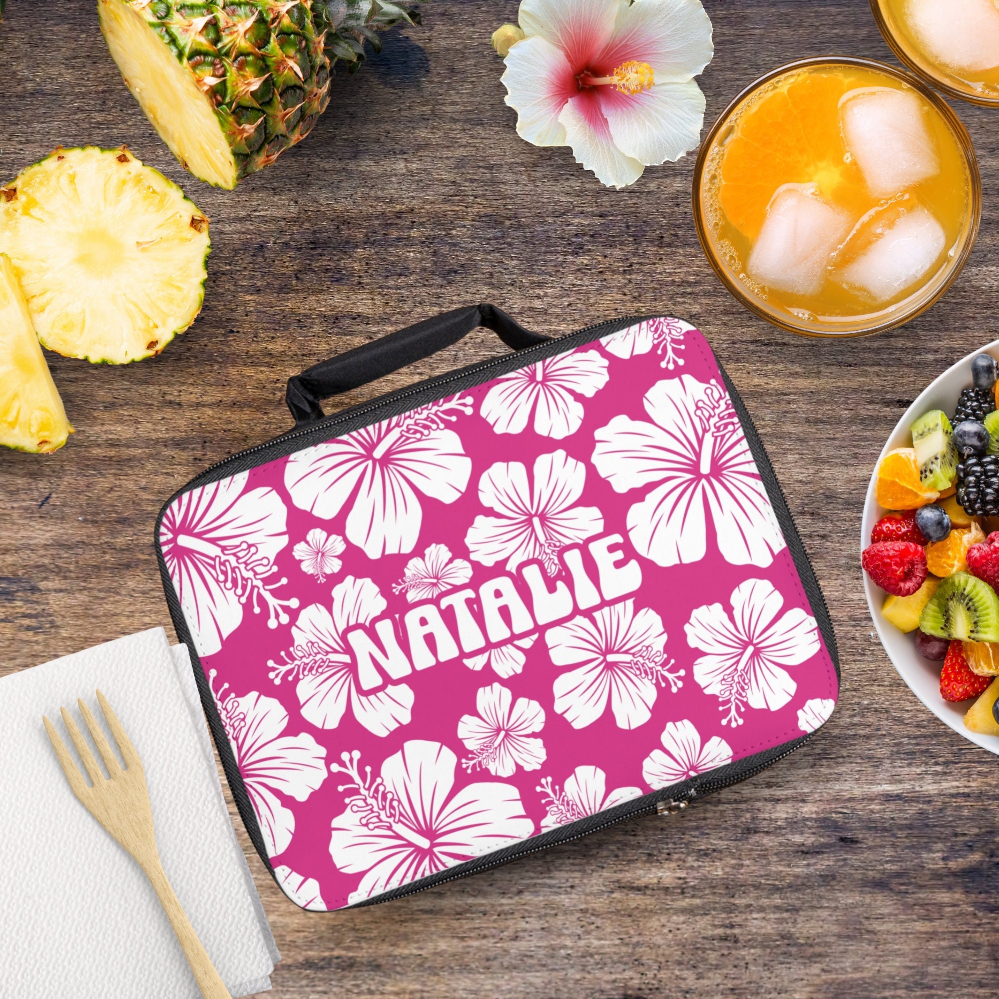 Personalizable Hibiscus Lunch Bag, School Lunch Box, Matching Backpack and Lunchbox, Girls Lunchboxes, Custom Name Lunchbox, Camp Lunchbox