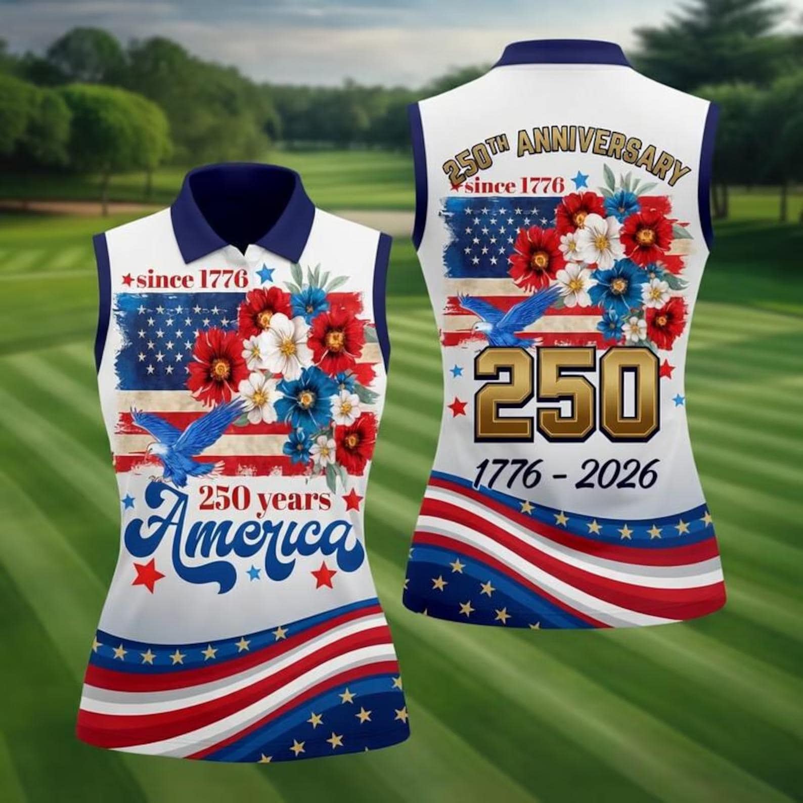 USA 250th Anniversary Women's Sleeveless Polo, Patriotic Floral US Flag Golf Shirt, Semiquincentennial 17762026 Fourth of July Polo