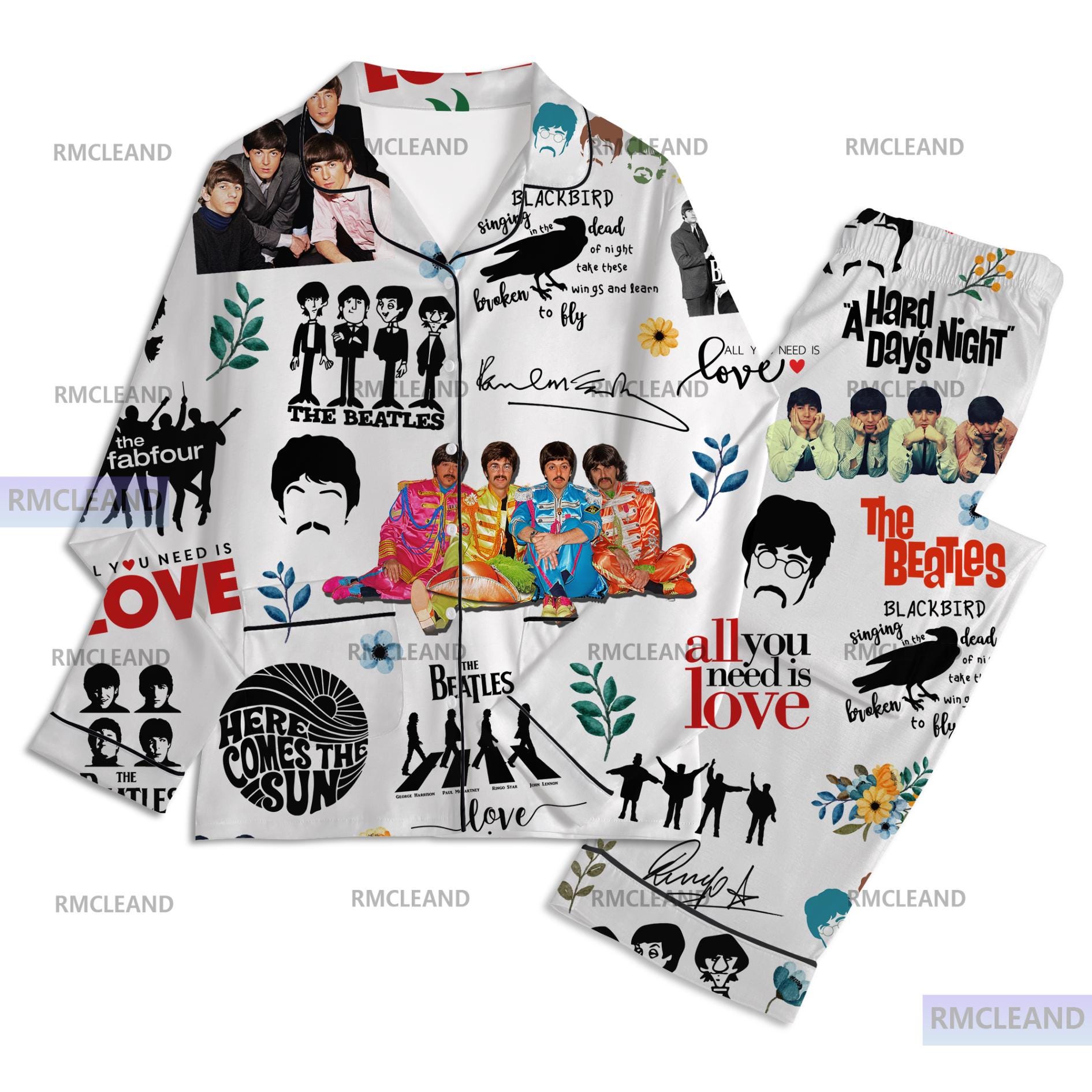 The Beatles Unisex Long Sleeve Pajama Set, Silk Sleepwear for Adults