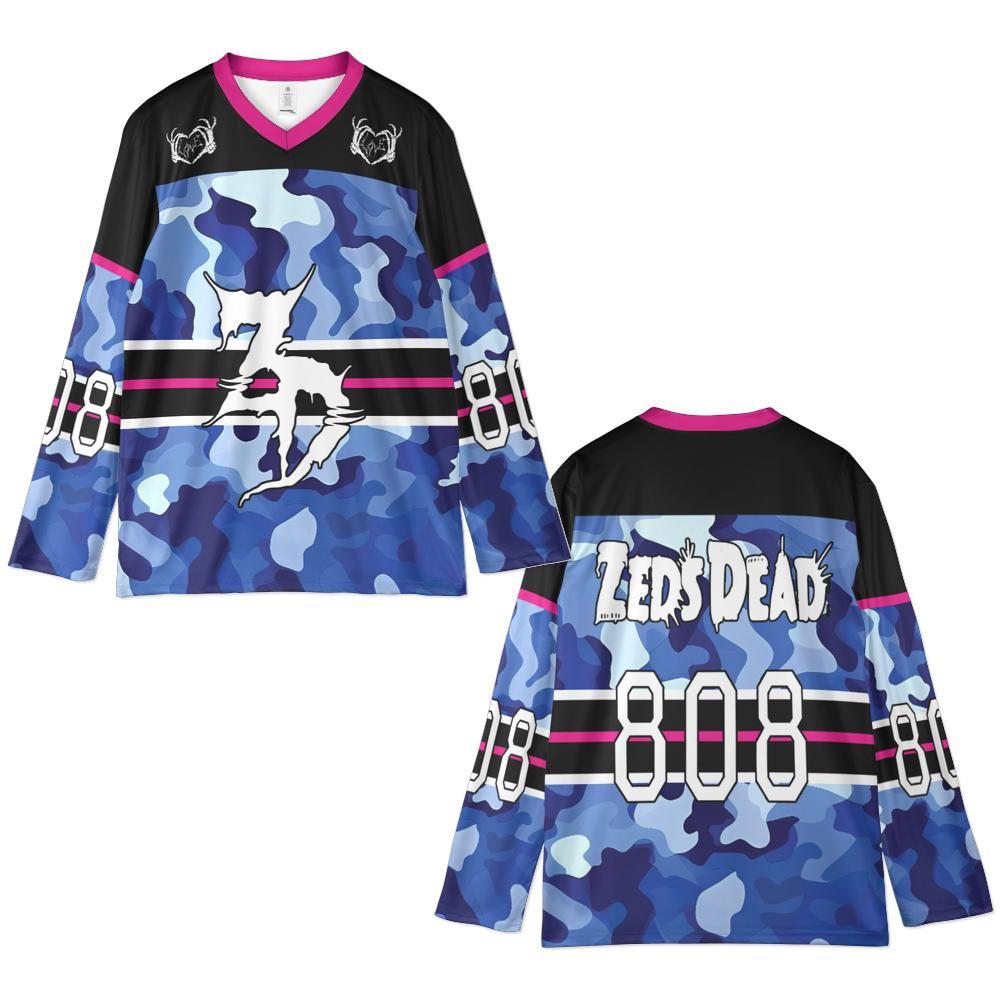 Zeds Dead Rave Jersey, Blue Camo Hockey Shirt, Festival Outfit For Bass Music Fans