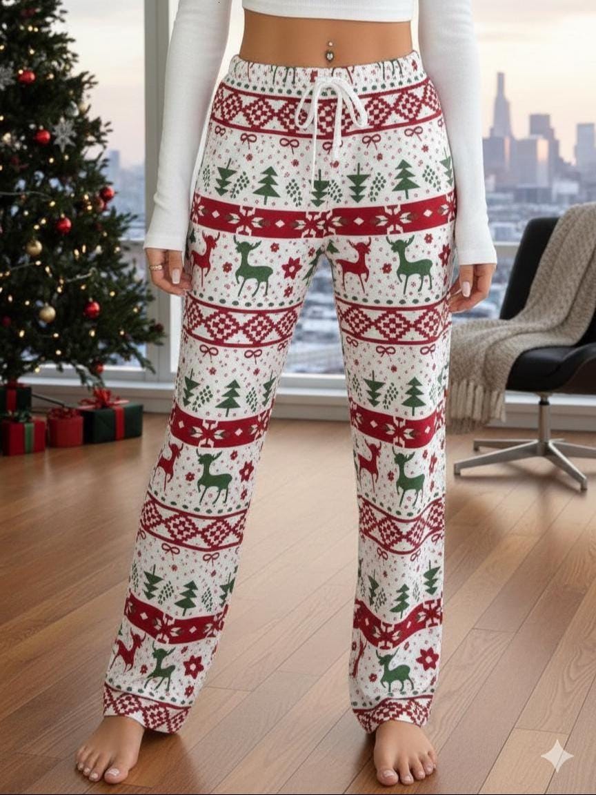 Fair Isle Reindeer Christmas Pajama Pants, Nordic Holiday Lounge Wear