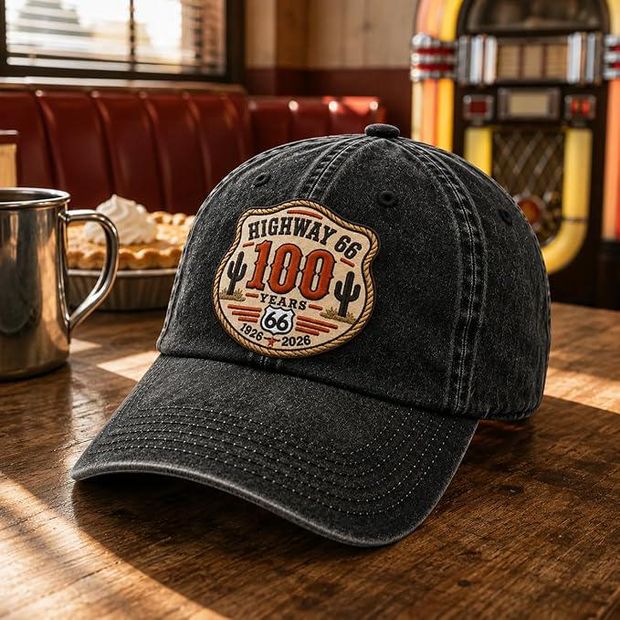 Route 66 Embroidered Hat, Highway 66 Centennial 1926-2026 Cap, Americana Road Trip Gift Washed Dad Hat