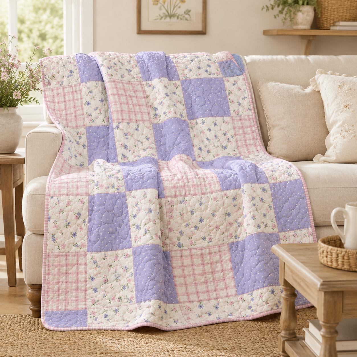 Pastel Floral Patchwork Quilt, Cottagecore Bedspread, Vintage Farmhouse Blanket, Cozy Handmade Style Bedding Decor