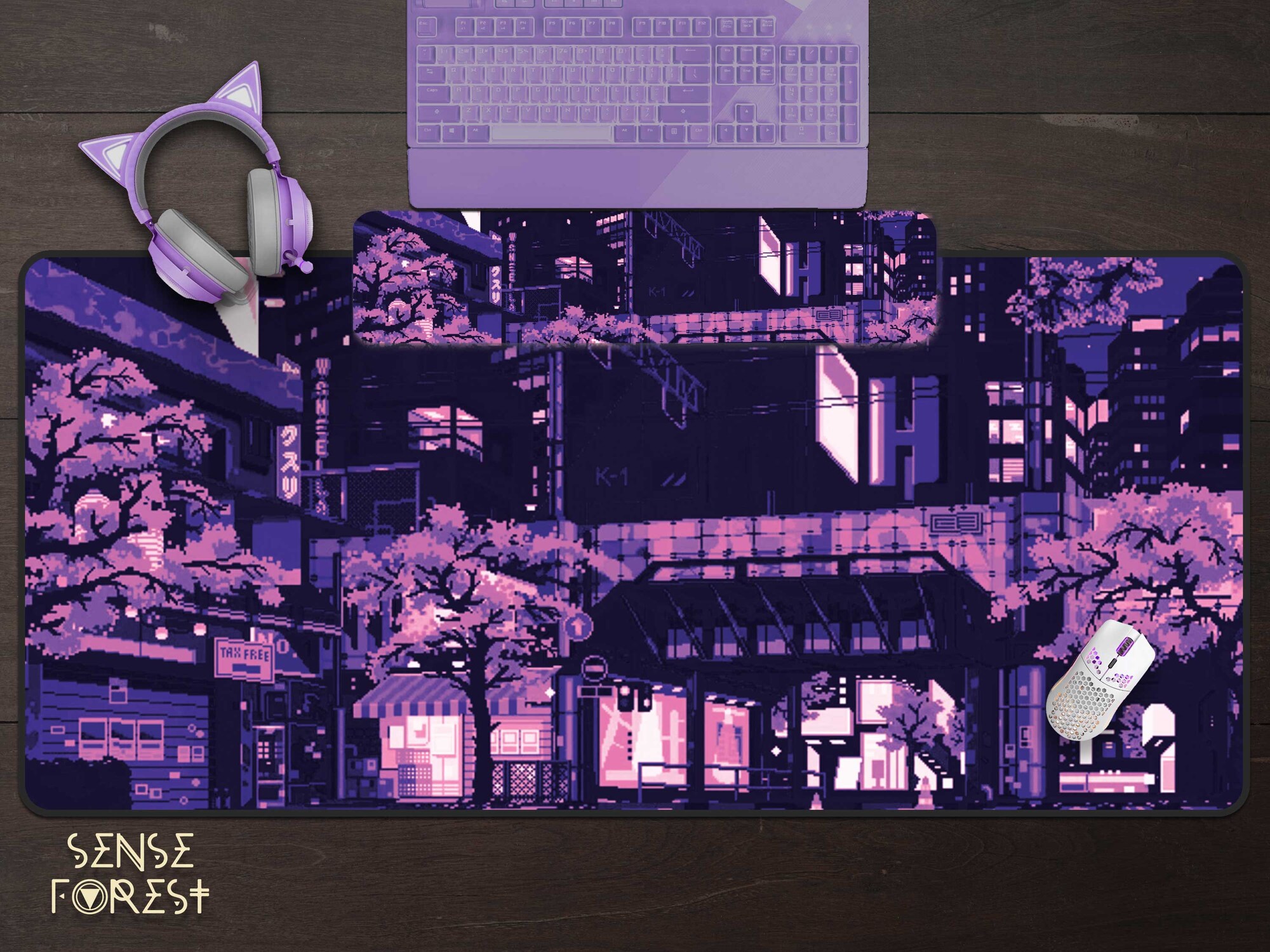 Purple Tokyo Desk Mat xxl, Japanese Street Mousepad, SAKURA Retro 90s Anime aesthetics