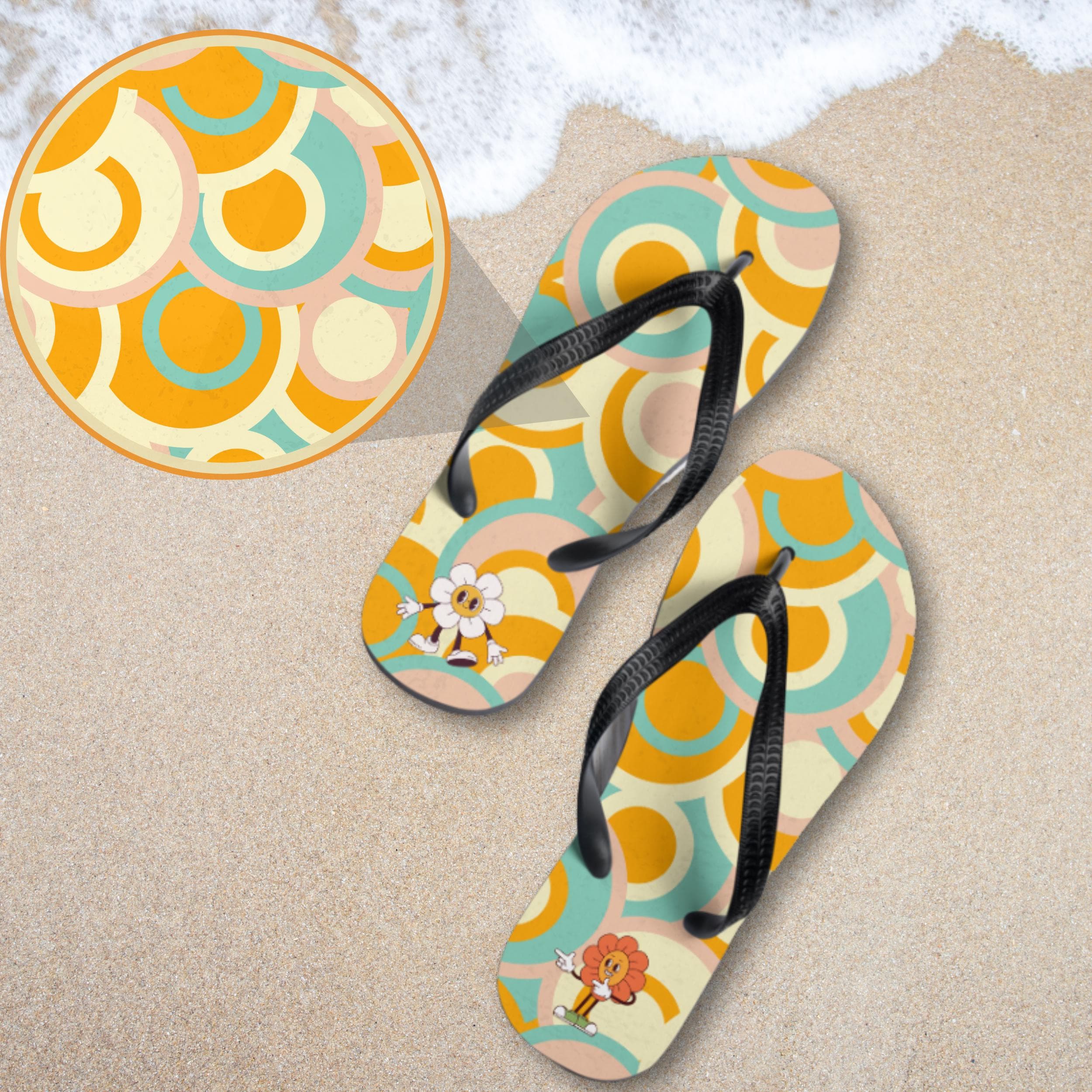 Retro Cartoon Flower Flip Flops - Groovy 70s Summer Sandals