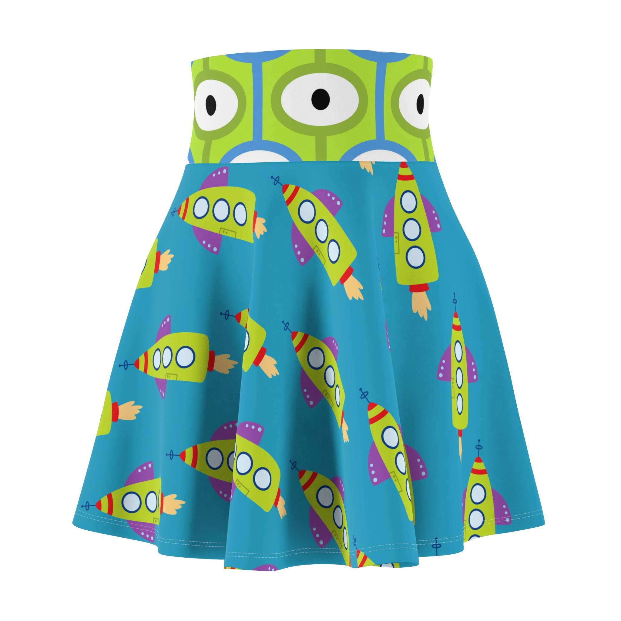 Skater Skirt, Space Hero Green Alien Theme, Women's Fashion Apparel, Galaxy Print Outfit, Sci-Fi Lover Gift, Theme Park Style Clothing