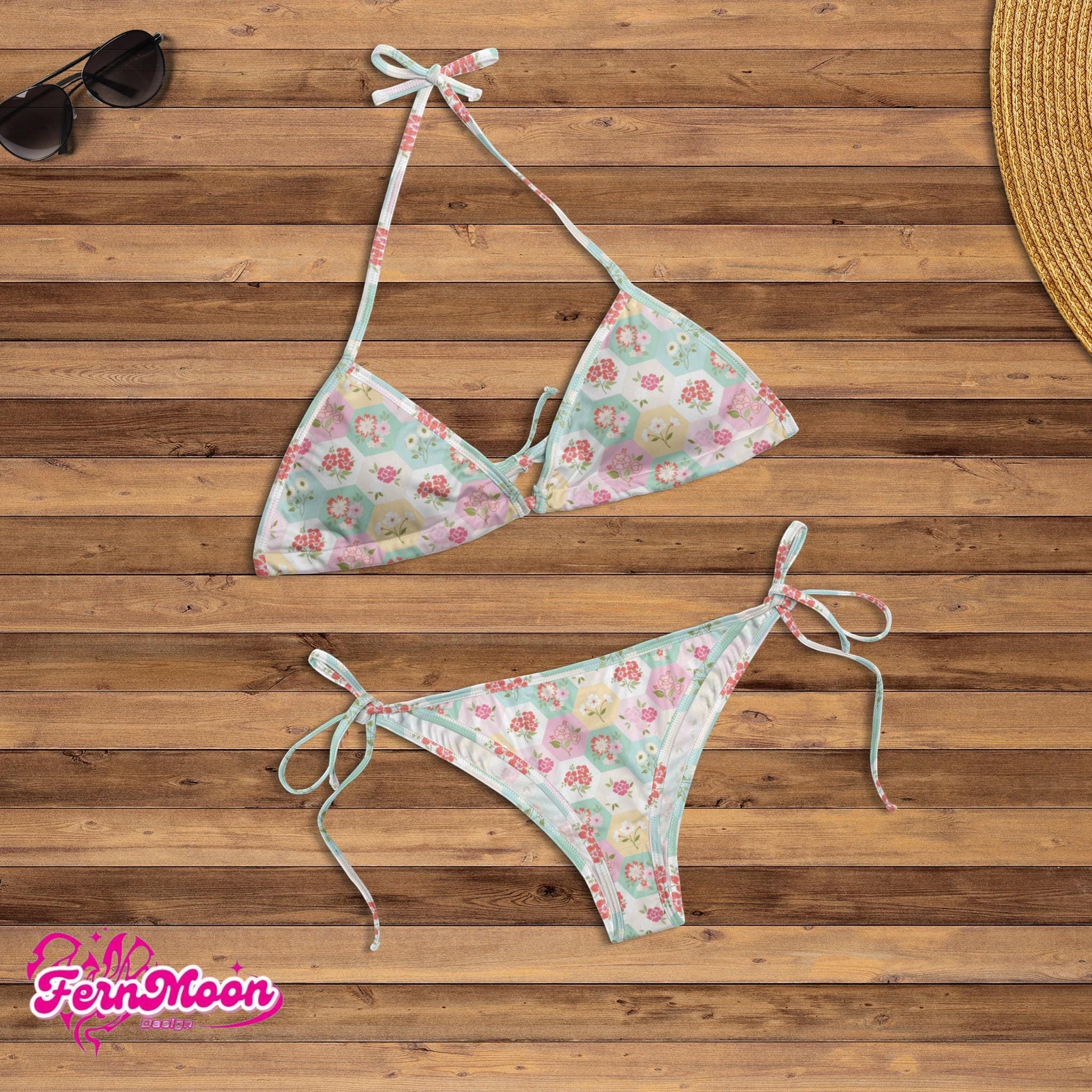 Custom Hexagon Floral Bikini Set, Personalized Honeycomb Flower Swimsuit, Pastel String Two Piece, Aesthetic Cottagecore Swimwear