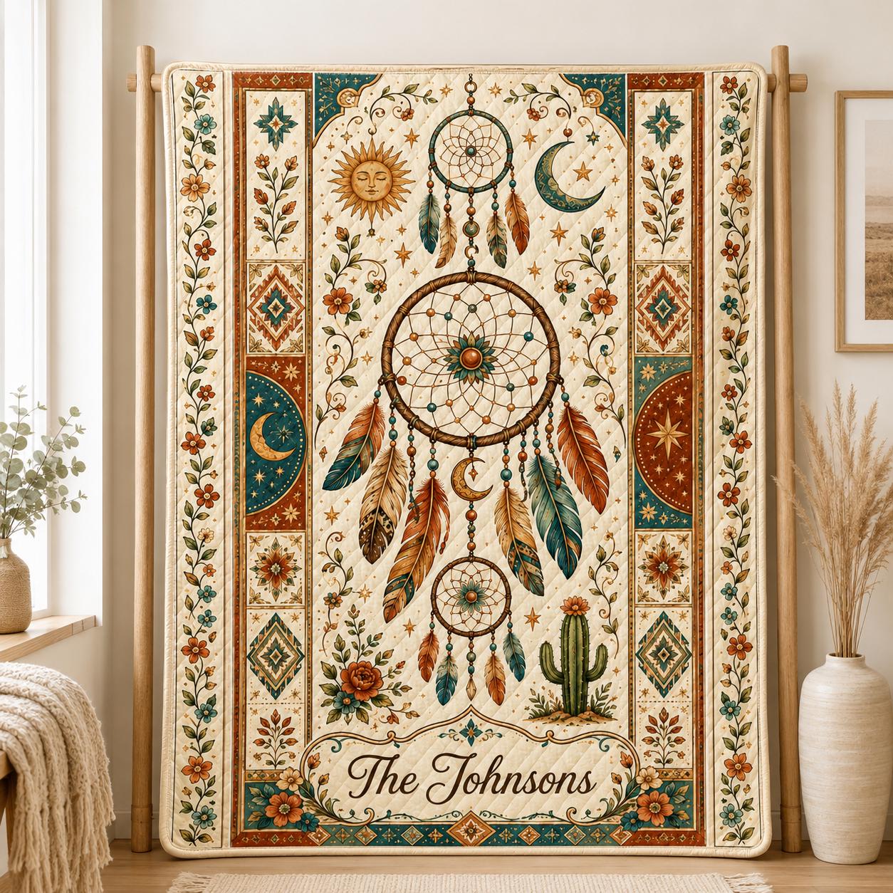 Personalized Dreamcatcher Quilt Blanket, Custom Family Name Boho Southwest Quilt