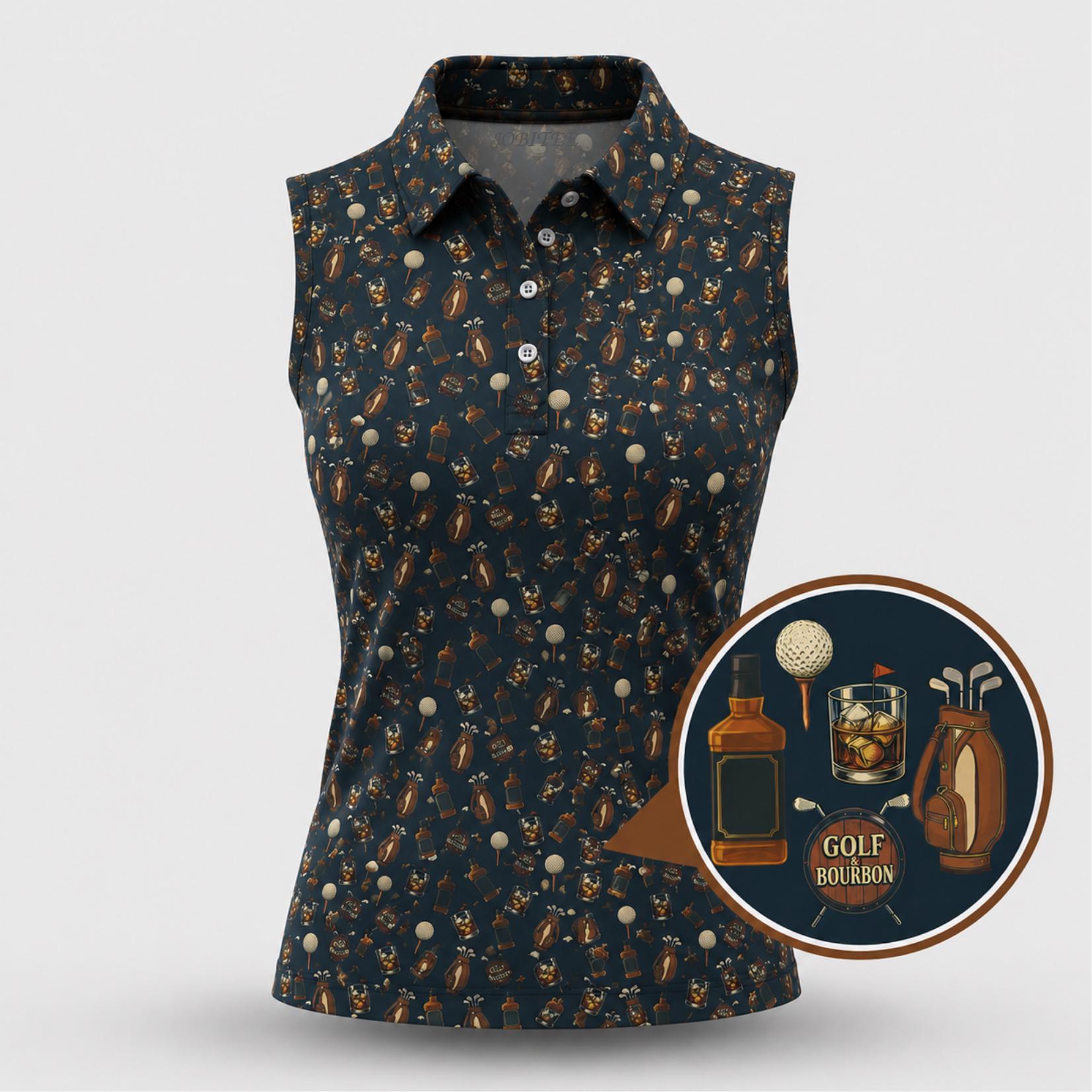 Women’s Sleeveless Polo Shirt with Whiskey Golf Pattern, Country Club Style, Perfect for Golf Enthusiasts
