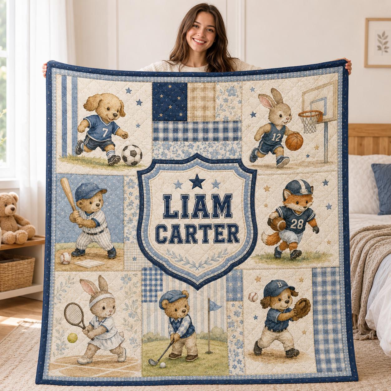 Personalized Sports Animals Blanket for Boys, Custom Name Patchwork Nursery Quilt
