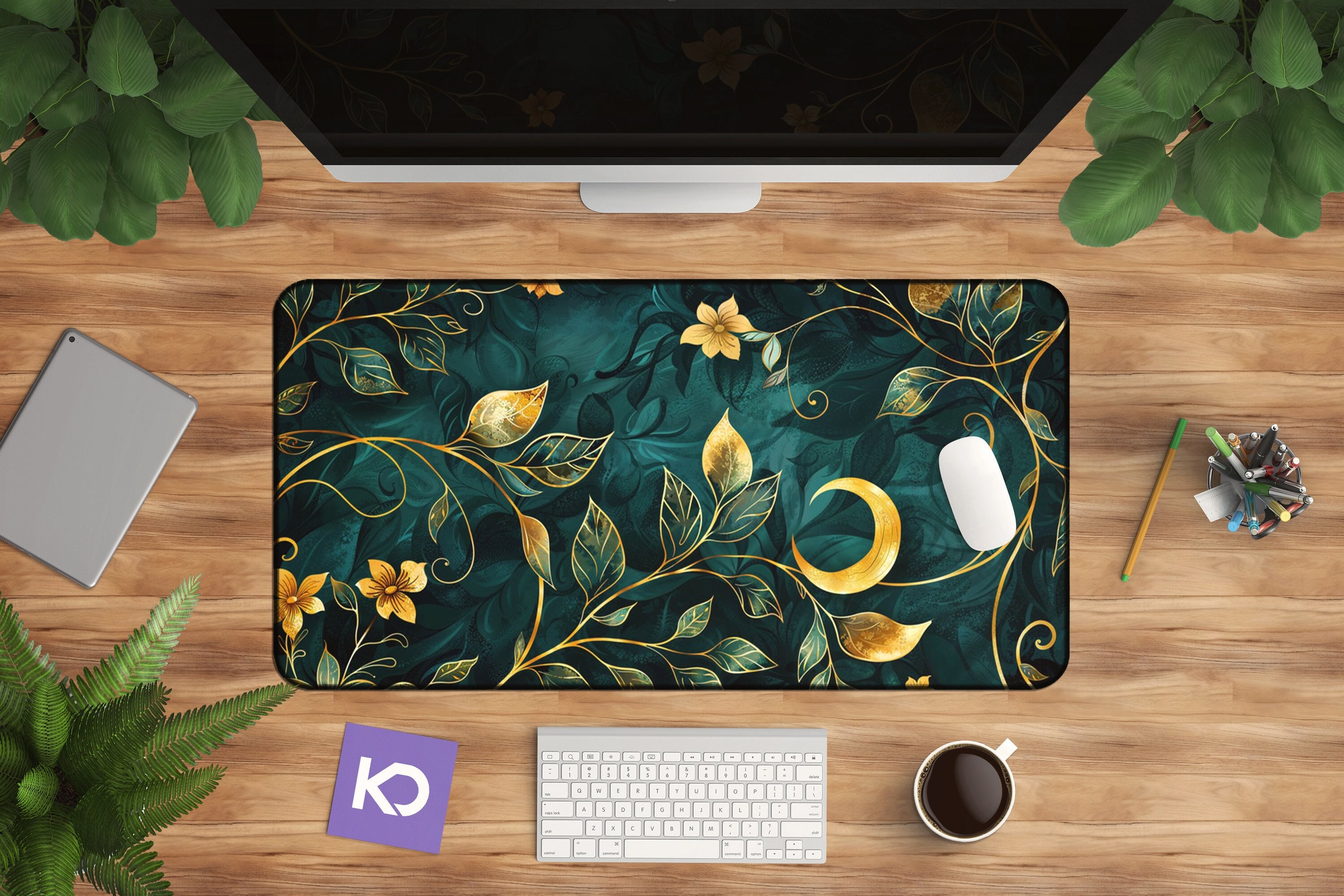 Floral Desk Mat - Green & Gold Botanical Mouse Pad