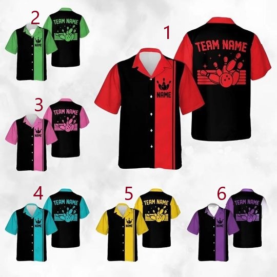 Personalized Name Blue Pink Red Green Vintage Bowling Hawaiian Shirt, Custom Retro Bowling Team Aloha Shirt, Button Down Shirt for Men Women
