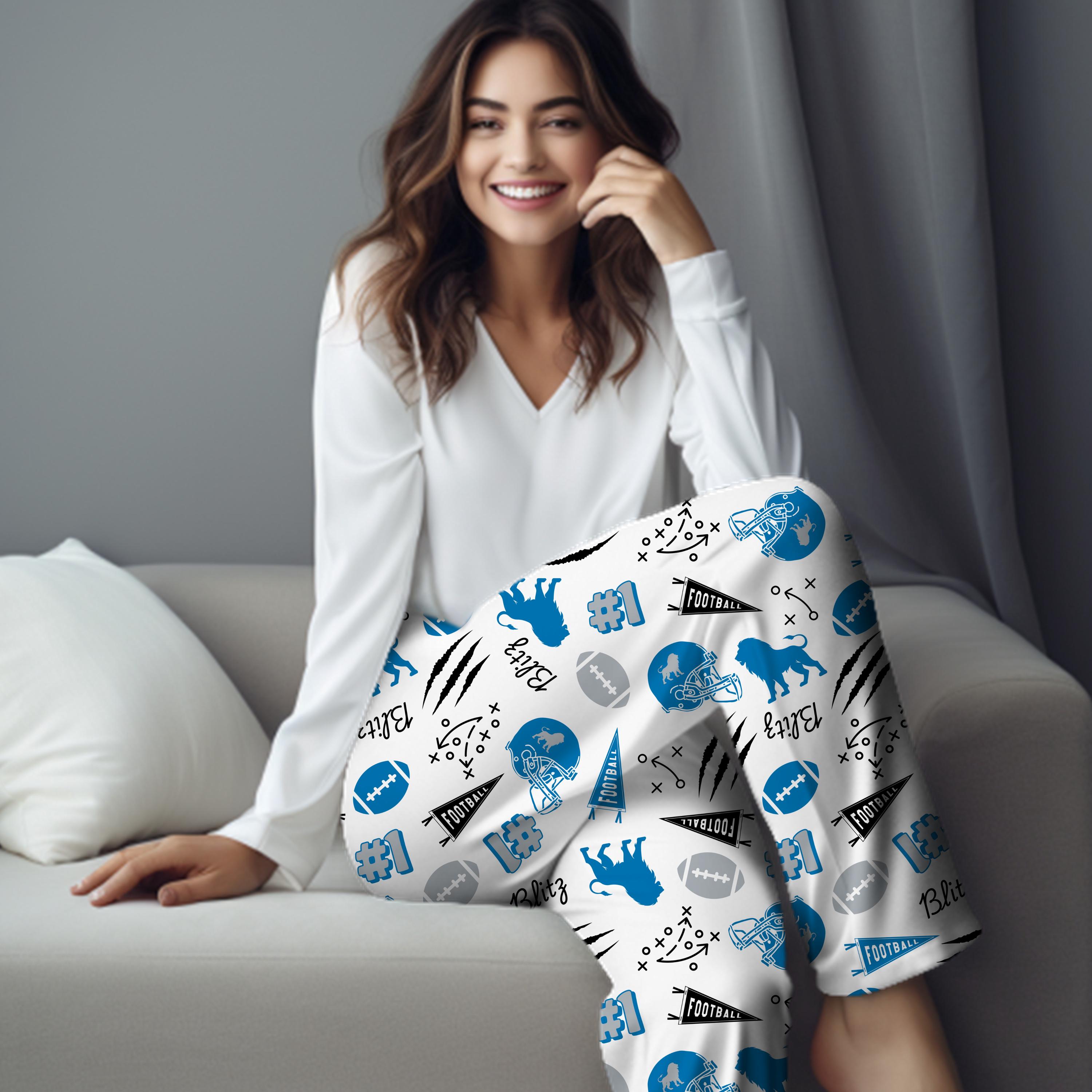 Detroit Football PJ Pants, Blue and Silver Football Lounge Pants, Football Lovers, Birthday Gift, Football Lovers Gift, Gift PJs for Her