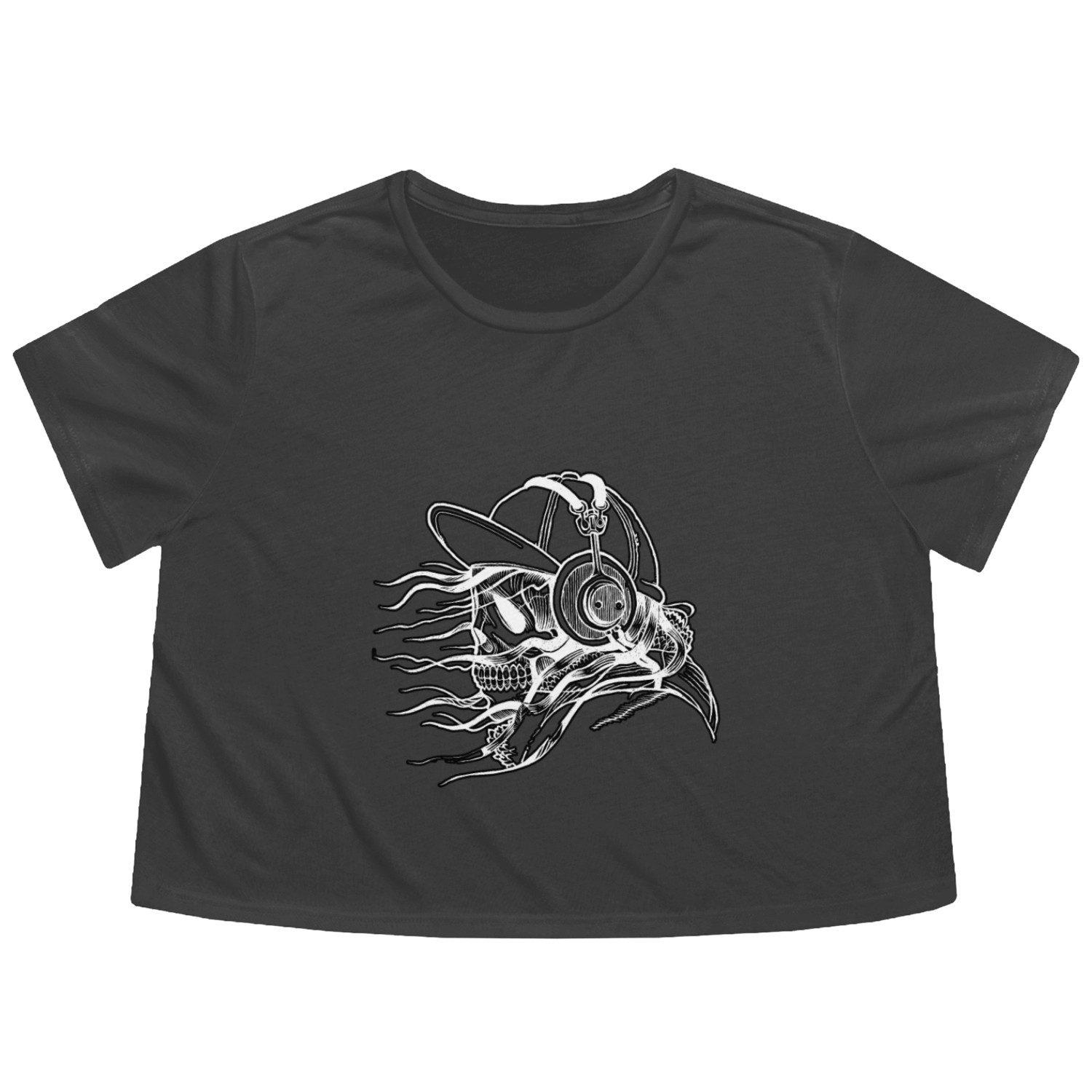Black and white skull listening to music Flowy Cropped Tees