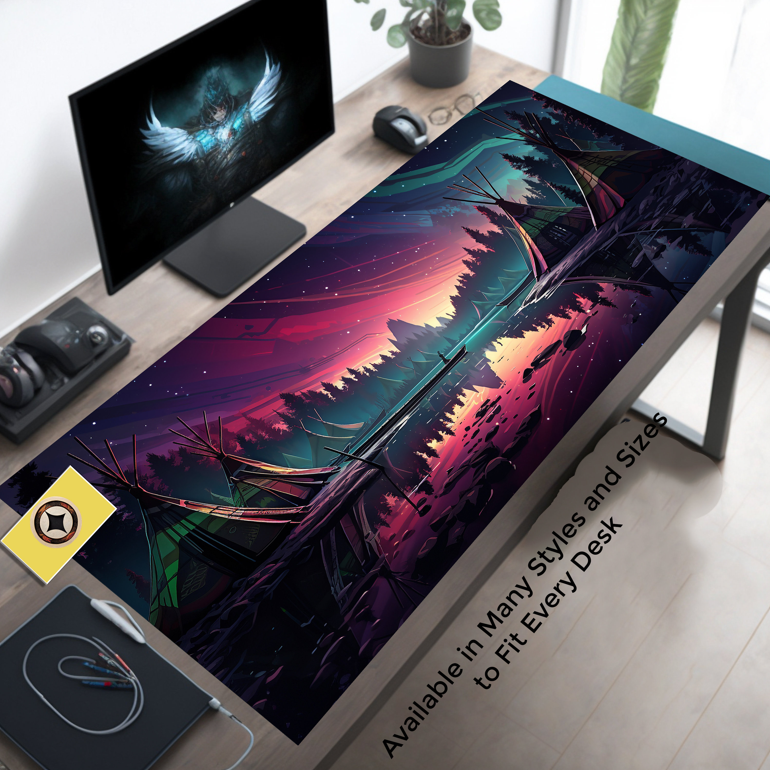 Native American Desk Mat, Tipi Mouse Pad, Northern Lights Desk Mat
