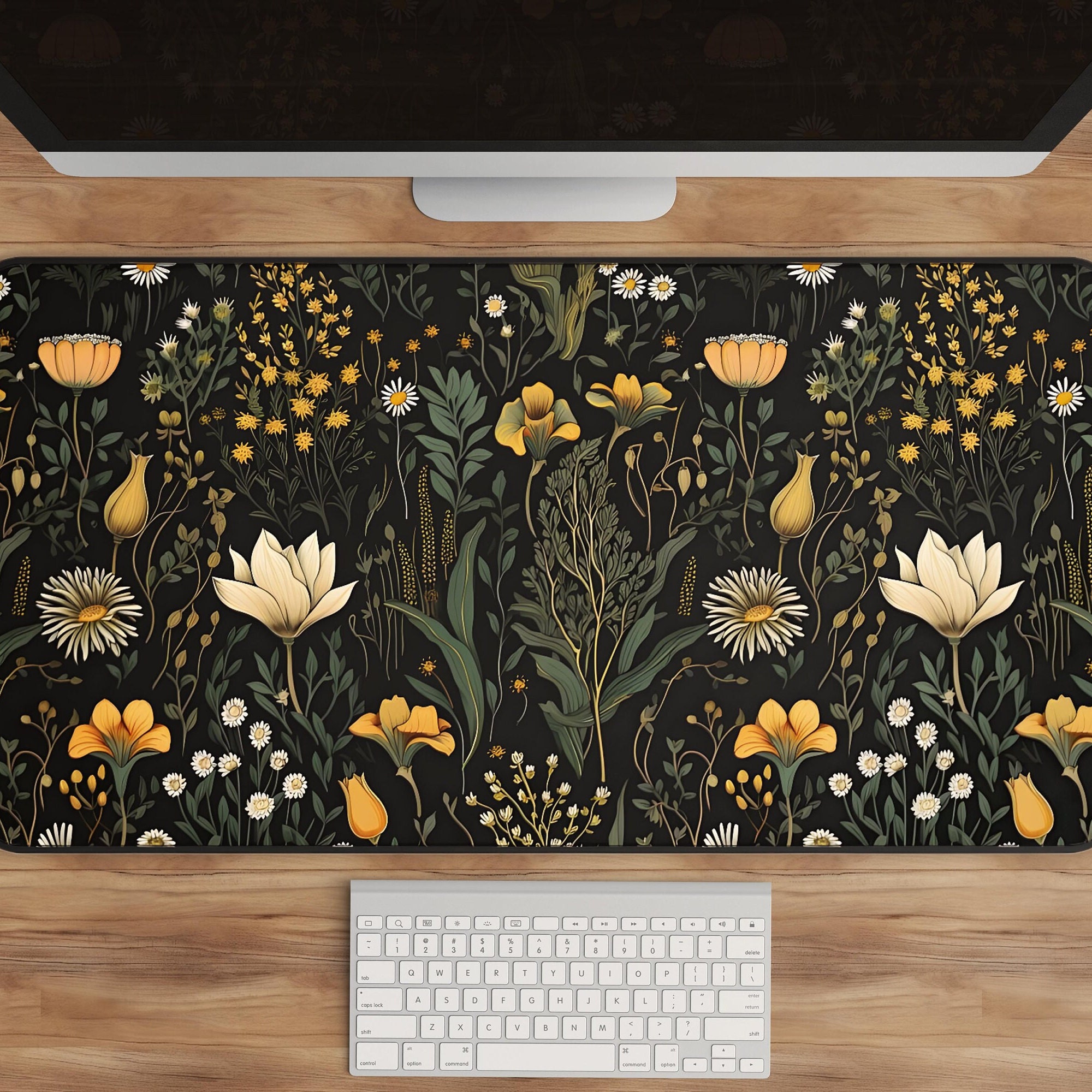 Dark Cottagecore Floral Desk Mat - Botanical Mouse Pad, Vintage Garden Desk Pad, Nature Desk Decor