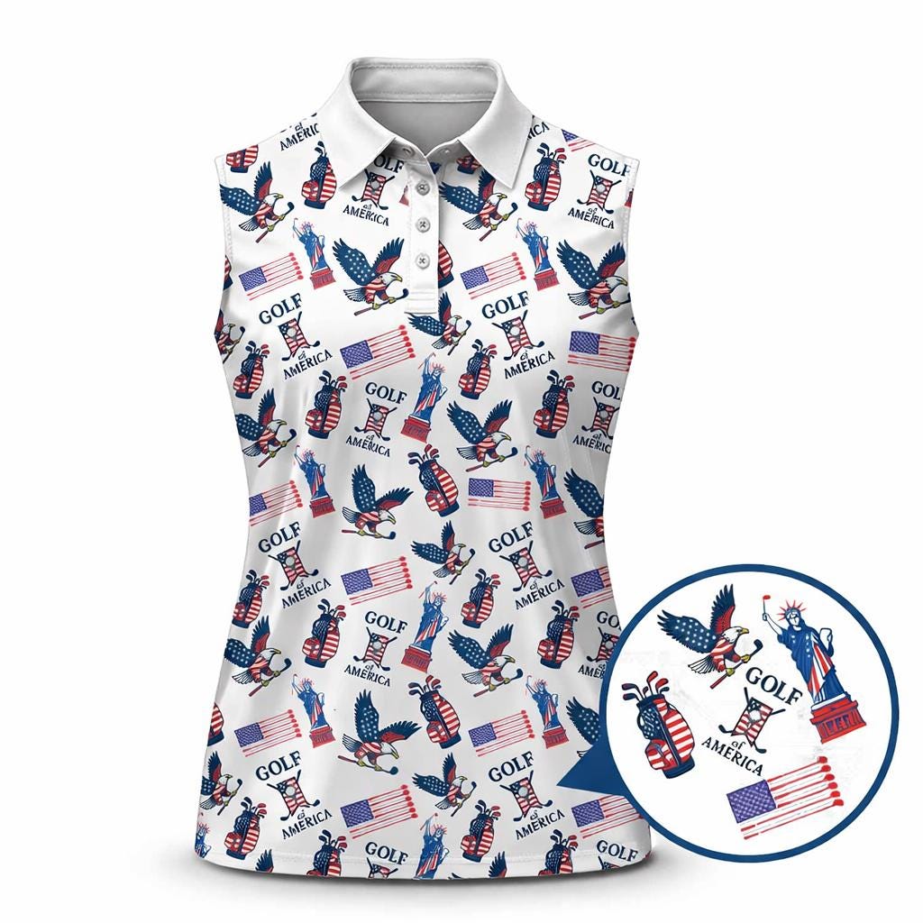 Women’s Sleeveless Golf Polo Shirt with USA Eagle & Flag Pattern, Fourth of July Themed