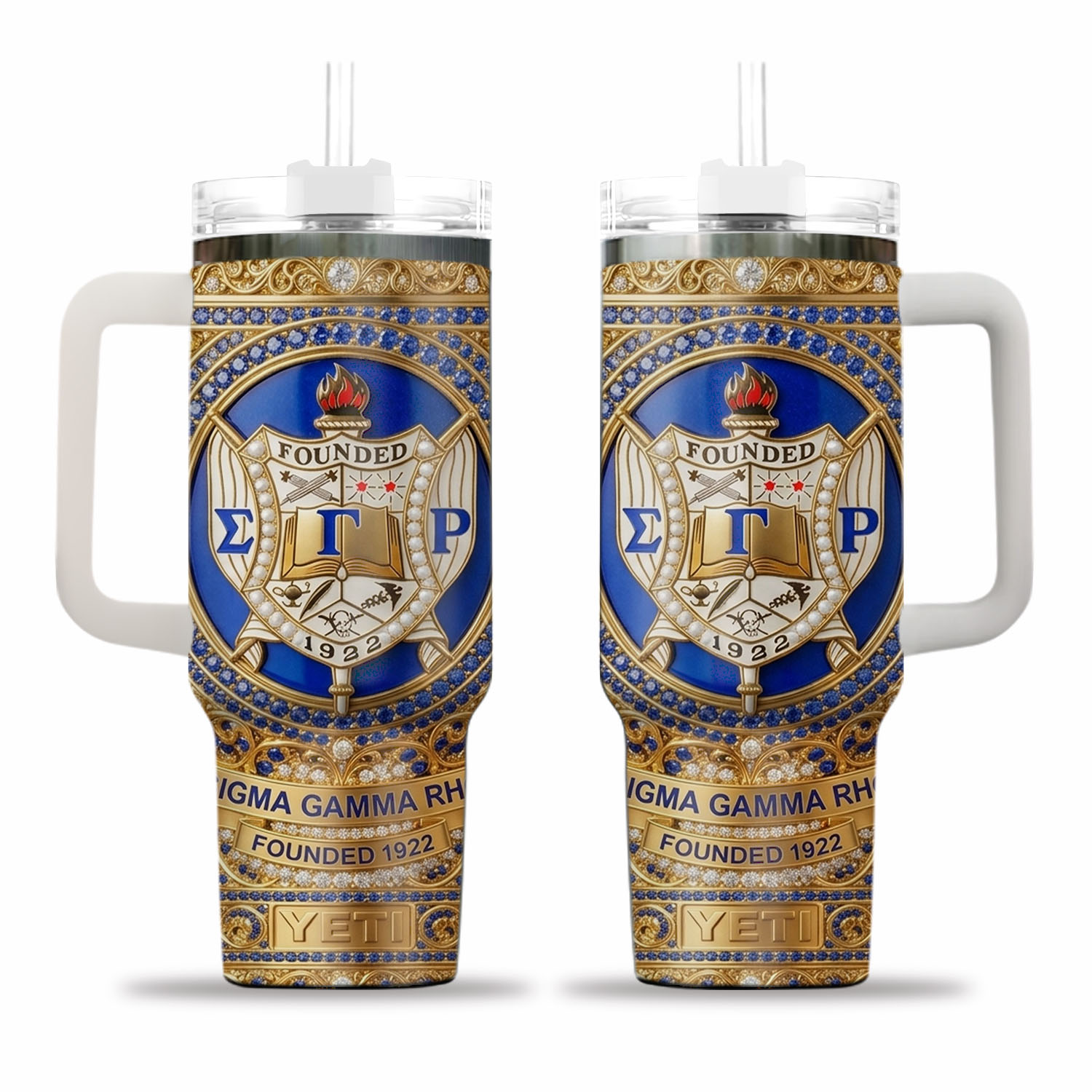 Royal Blue Gold Jeweled Insulated Cup 40oz Mug for Sorority Sisters Greek Life