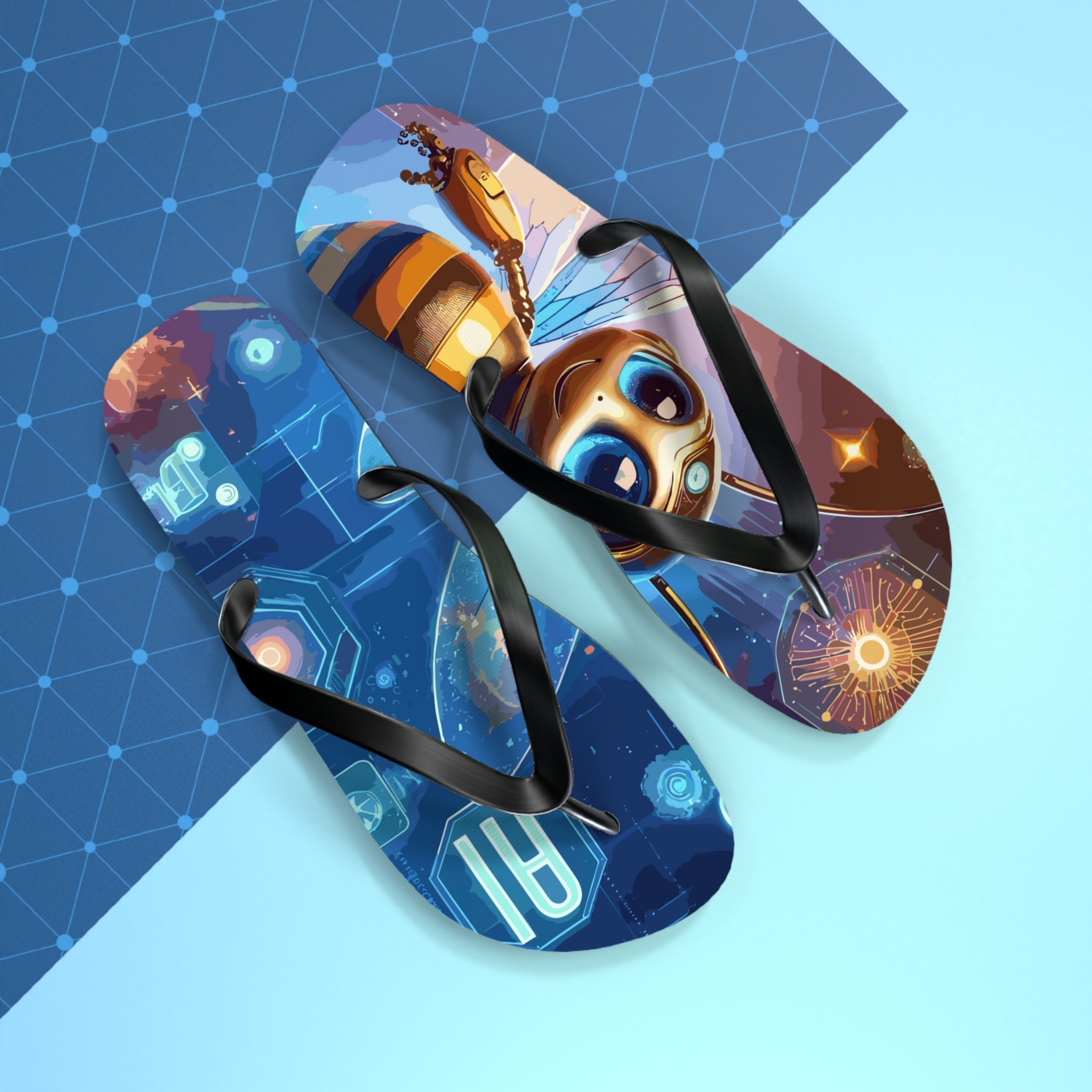 Gamer Girl Flip Flops, Cute AI Bee Sandals for Nerdy Girls, Techwear Gift for Her, Futuristic Summer Slides, Geek Fashion 2025