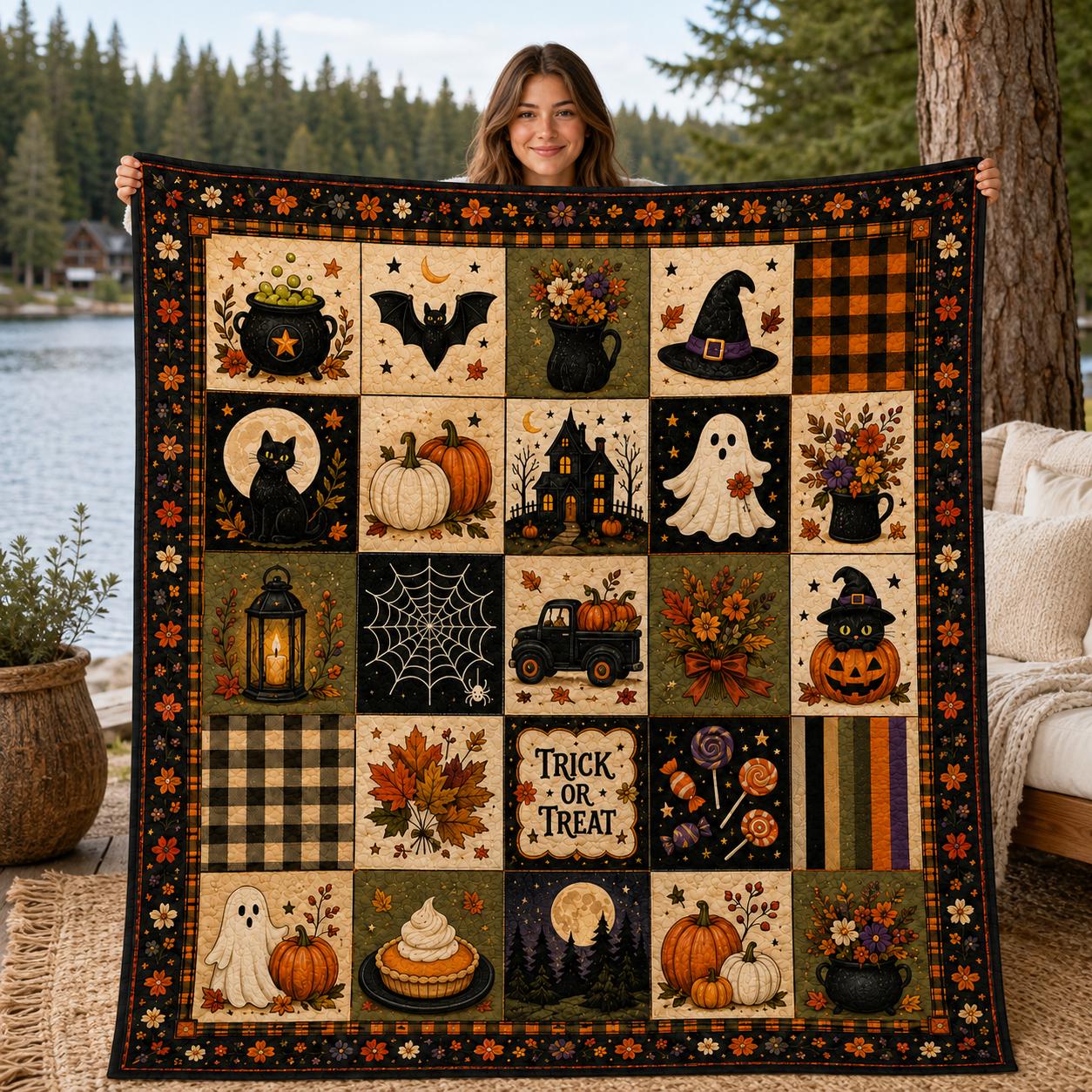 Halloween Quilt Blanket, Fall Pumpkin Witch Black Cat Quilt