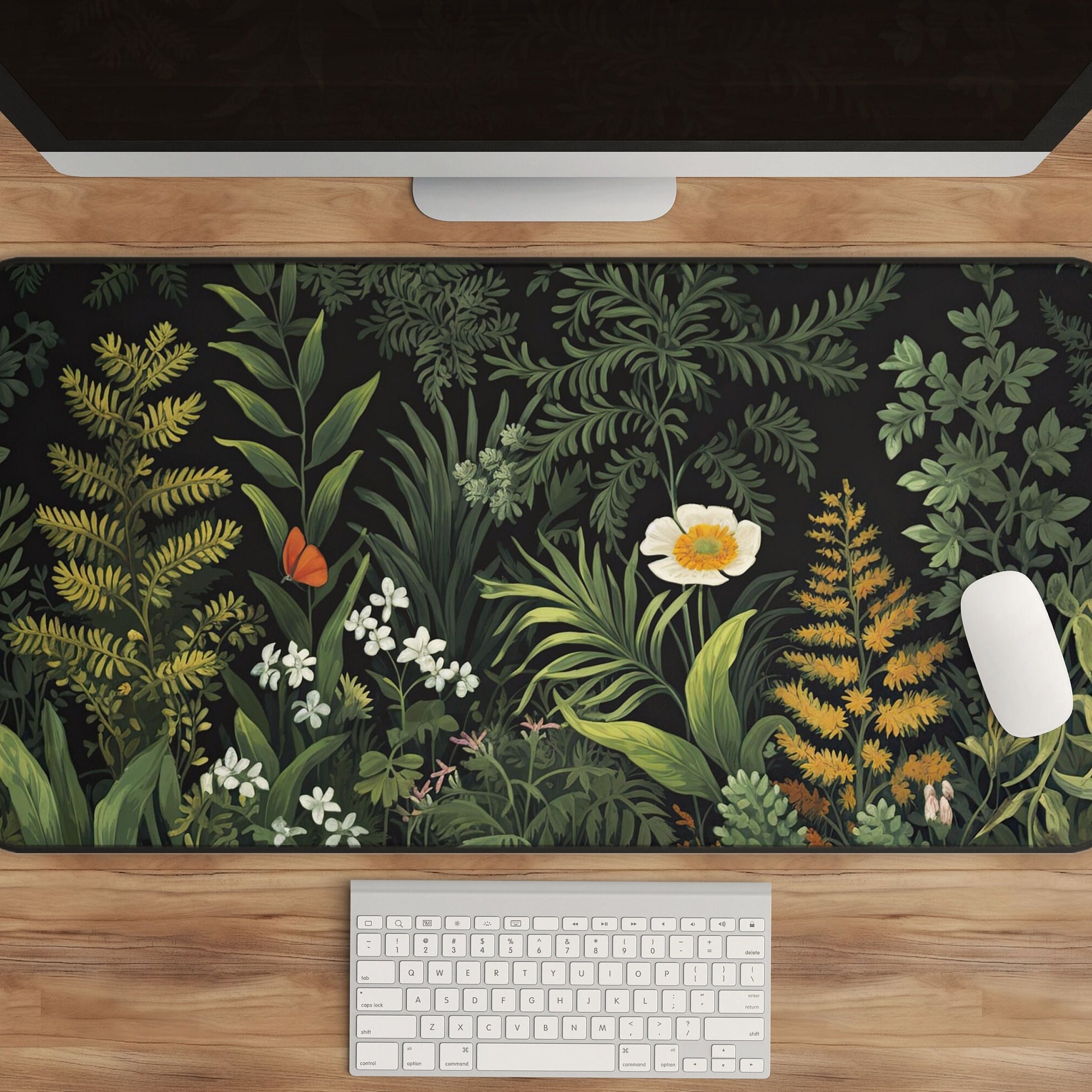 Botanical Desk Mat - Dark Green Nature Pad - Cottagecore Inspiration - Flower and Forest Office Decor