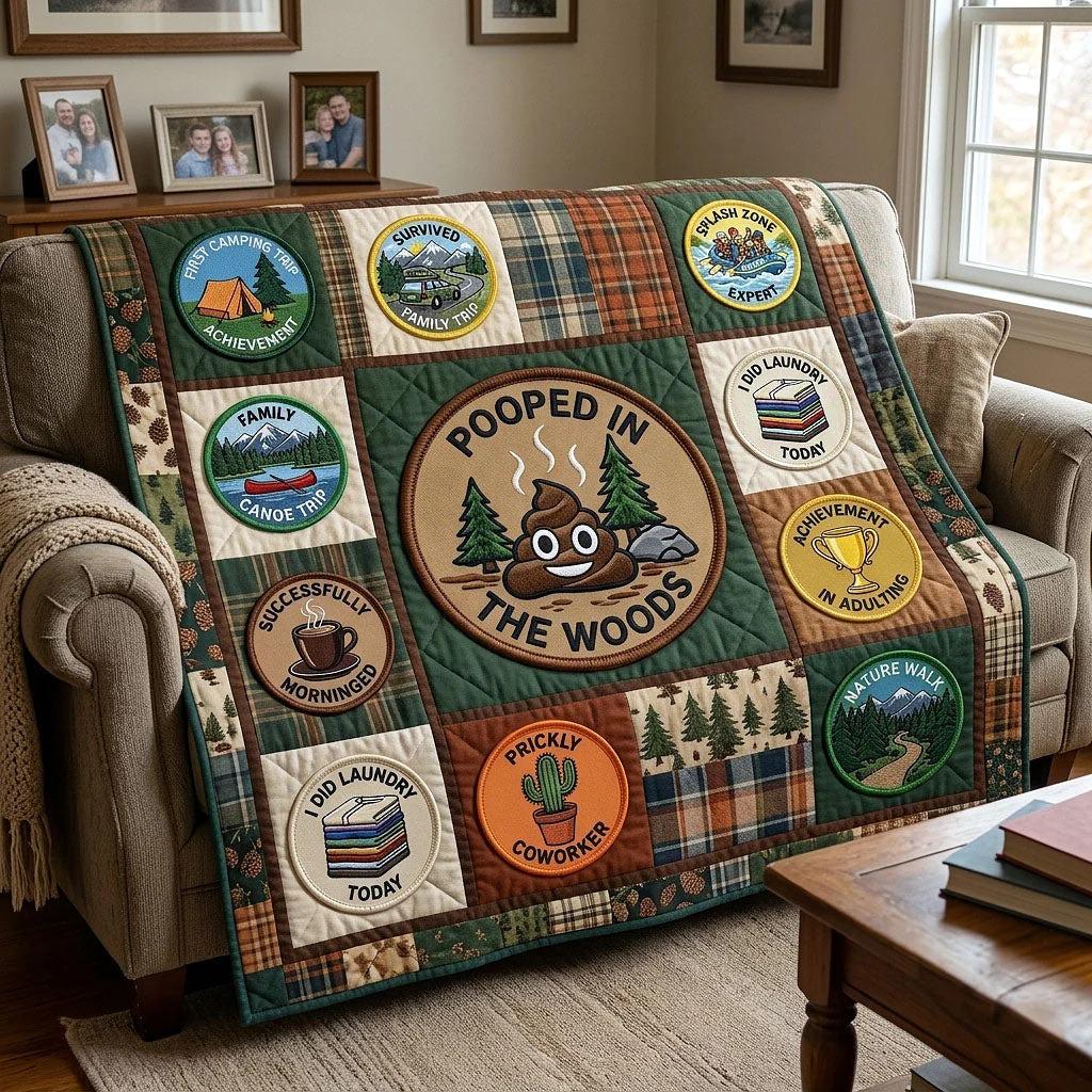 Funny Camping Quilt Blanket, Pooped in the Woods, Camper Cabin Decor, Outdoor Humor Gift