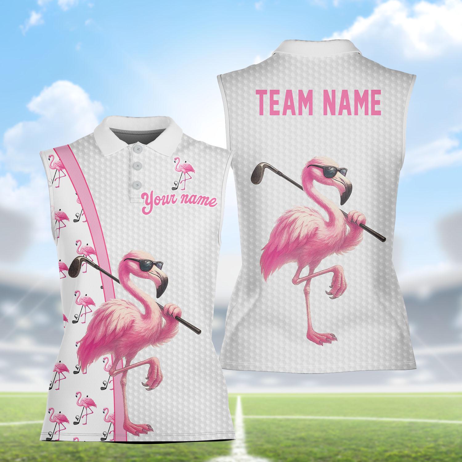 Custom Sleeveless Women's Flamingo Golf Polo, Personalized Name Pink Polo Shirt for Golf Trip, Bachelorette Party