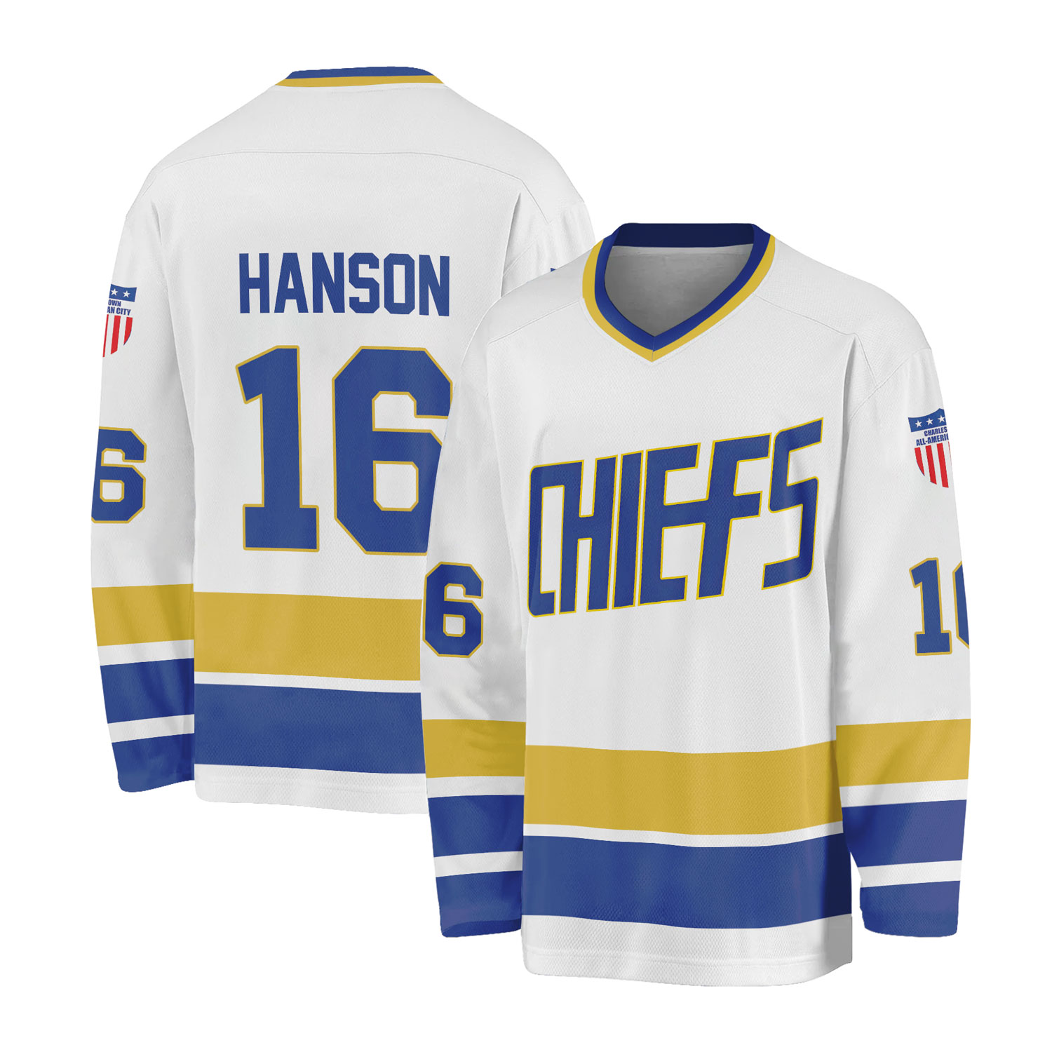 Hanson Brothers Charlestown Chiefs 16 Jack Slap Shot Movie Men's Hockey Jersey Long Sleeve Shirt