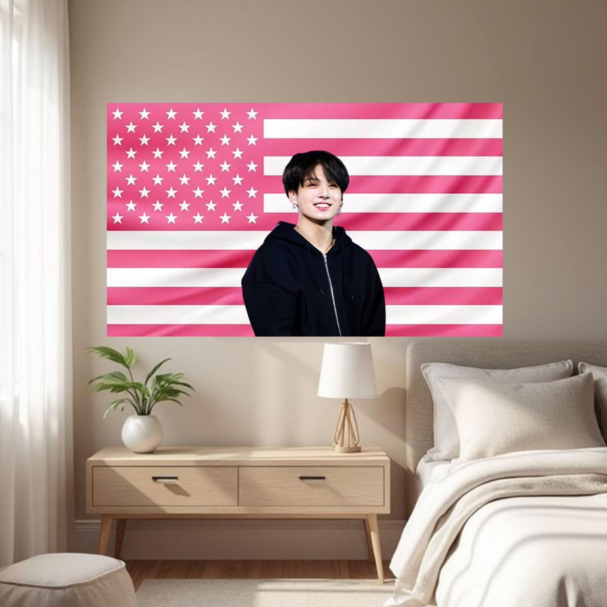 Pink American Flag Jungkook Tapestry, Kpop Wall Art for Bedroom Dorm Decor, BTS Music Fans Gift