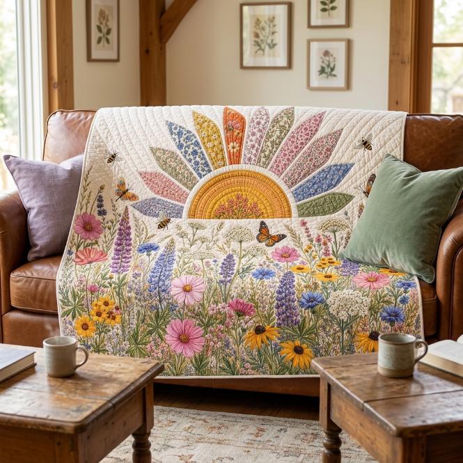 Wildflower Quilt Blanket, Boho Sun Floral, Colorful Meadow Cottagecore Quilt, Butterfly Bee Nature Bedding, Cozy Gift for Her