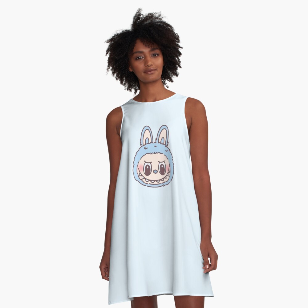 Cute Blue Labubu Head A-Line Dress, Gift for Her
