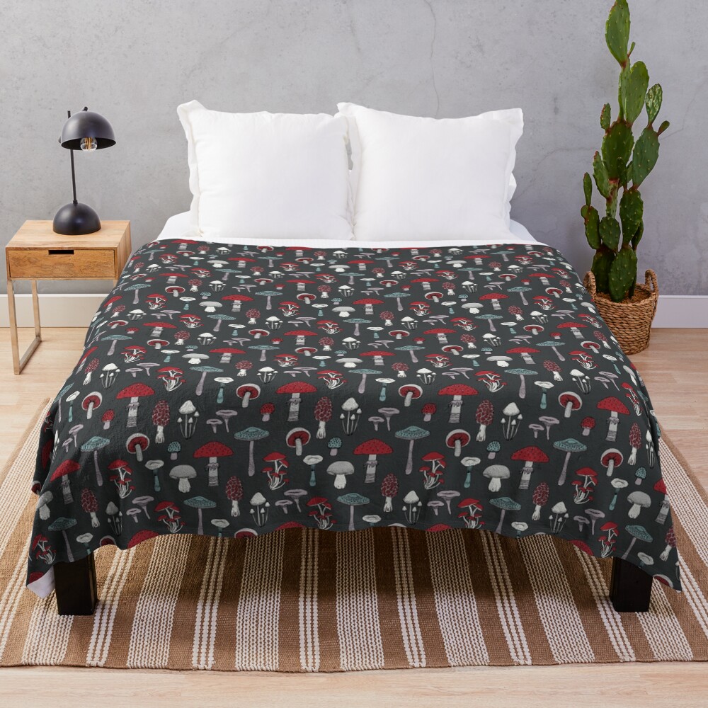 Midnight Mushrooms - fun fungus pattern by Cecca Designs Throw Blanket