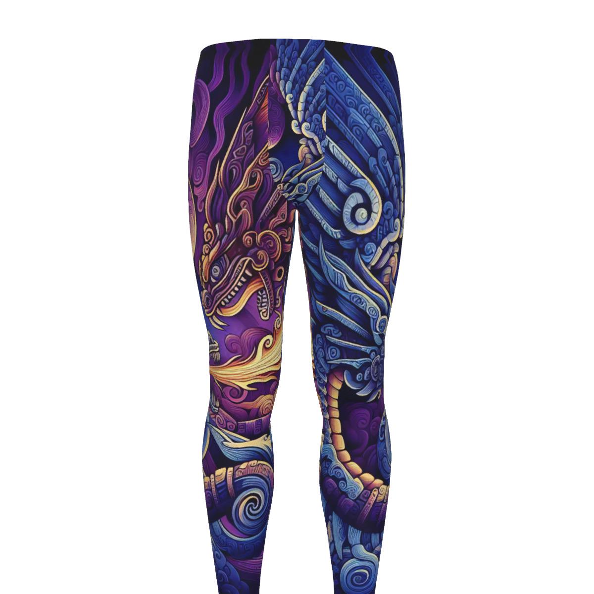 Men's Aztec Dragon Leggings for Fitness and Training Purple