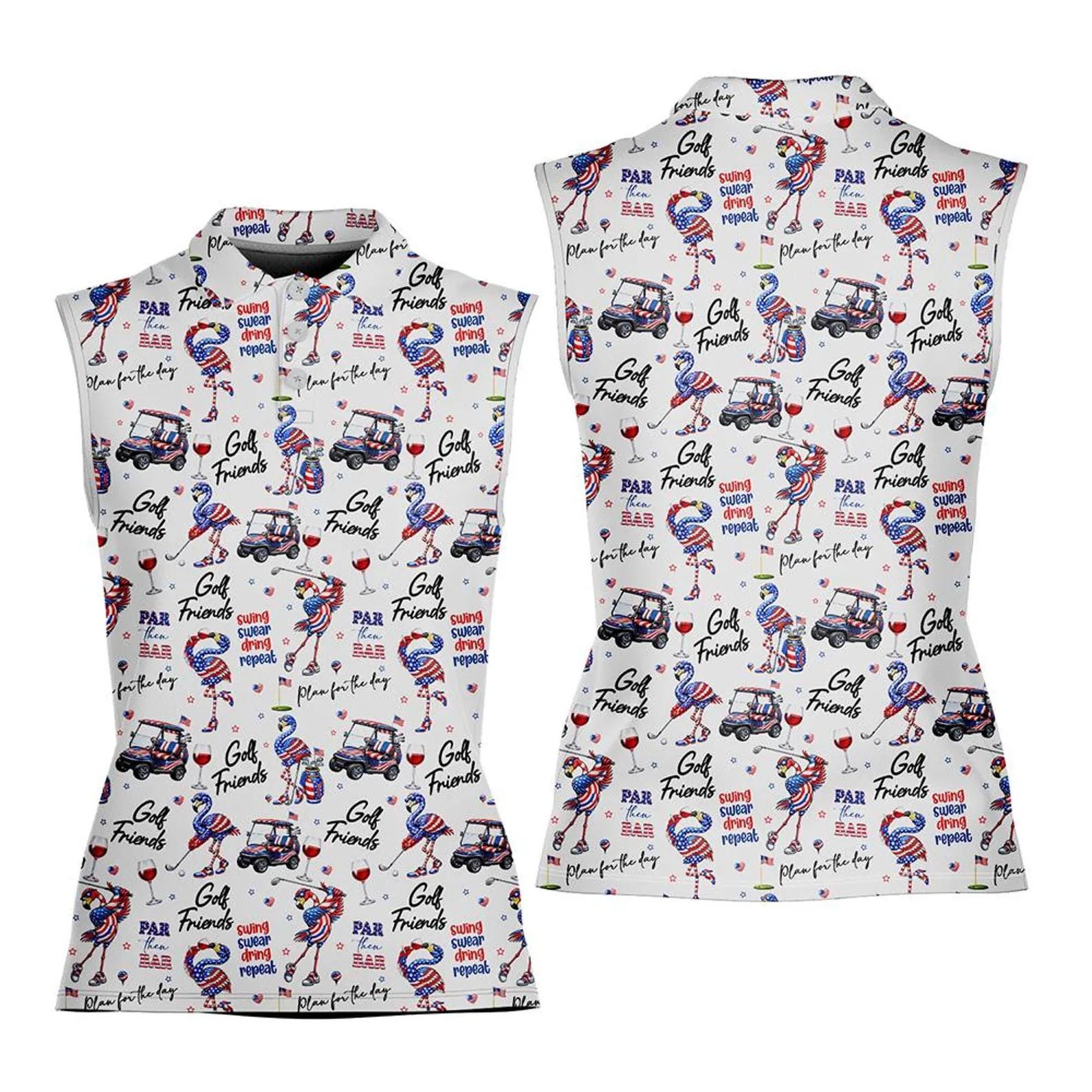 Women's Sleeveless 4th of July Golf Polo Shirt with Flamingo Pattern
