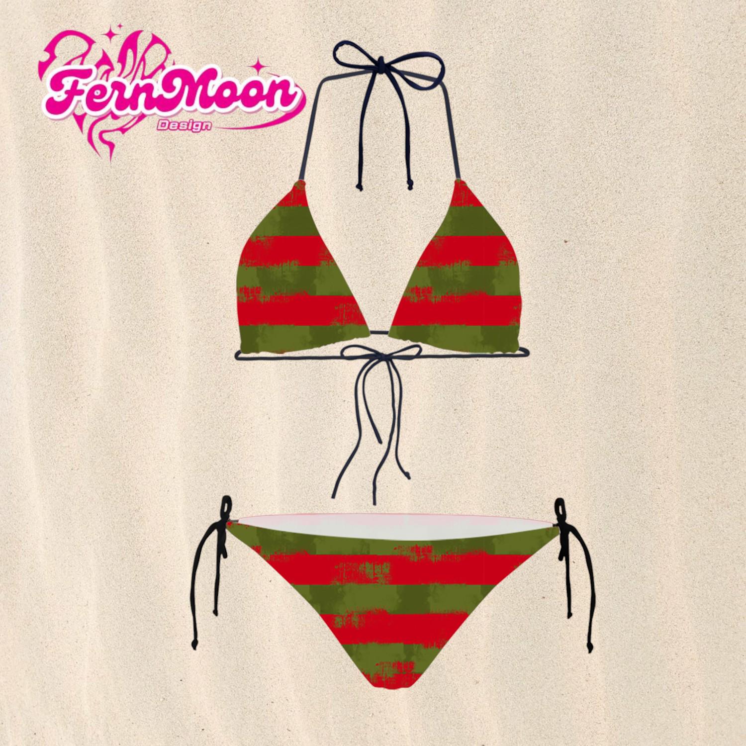 Red Green Striped String Bikini, Horror Inspired Two Piece Swimsuit, Sexy Triangle Bikini Set, Halloween Swimwear, Spooky Beach Outfit