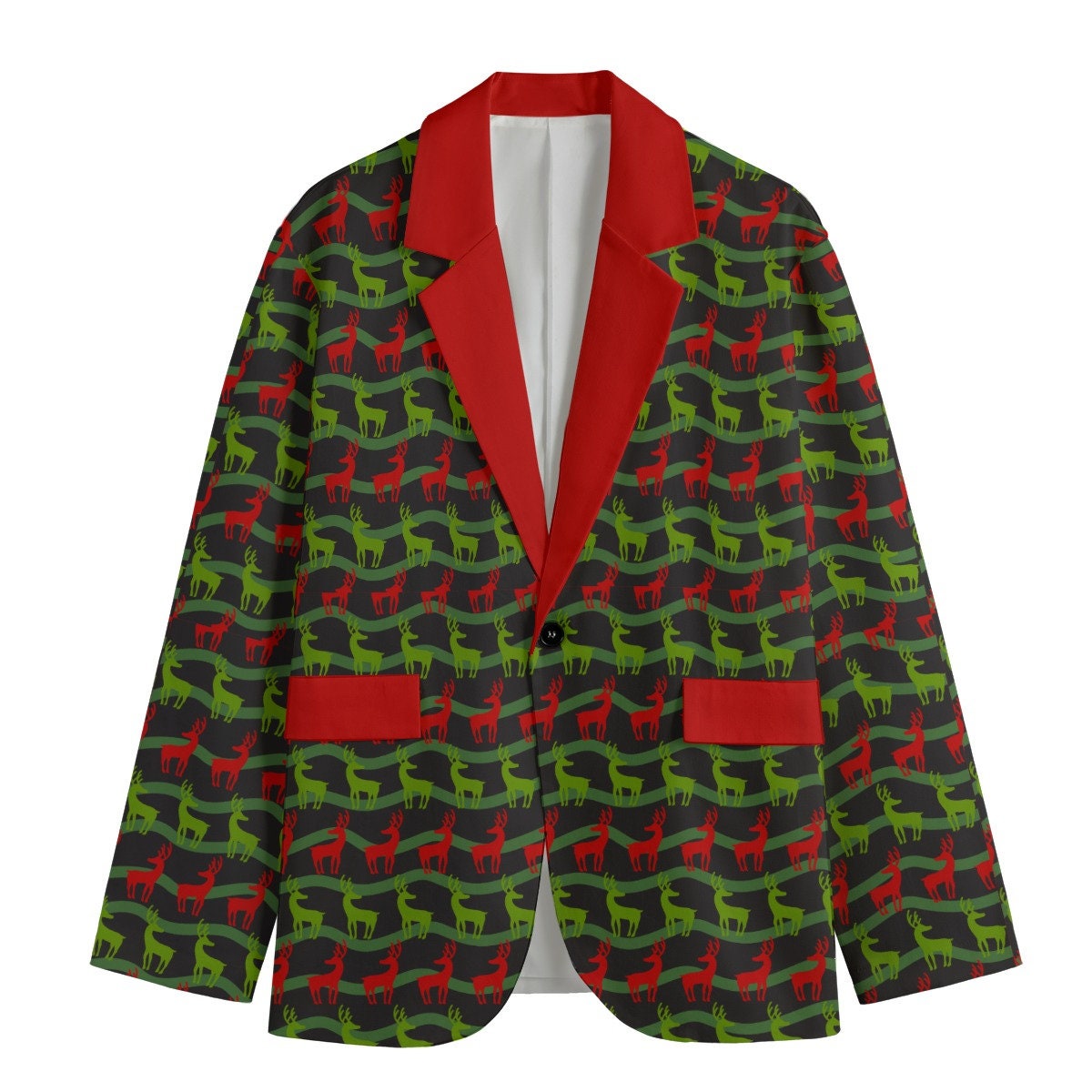 Green and Red Reindeer Christmas Blazer/Sports Coat - Red Lapel