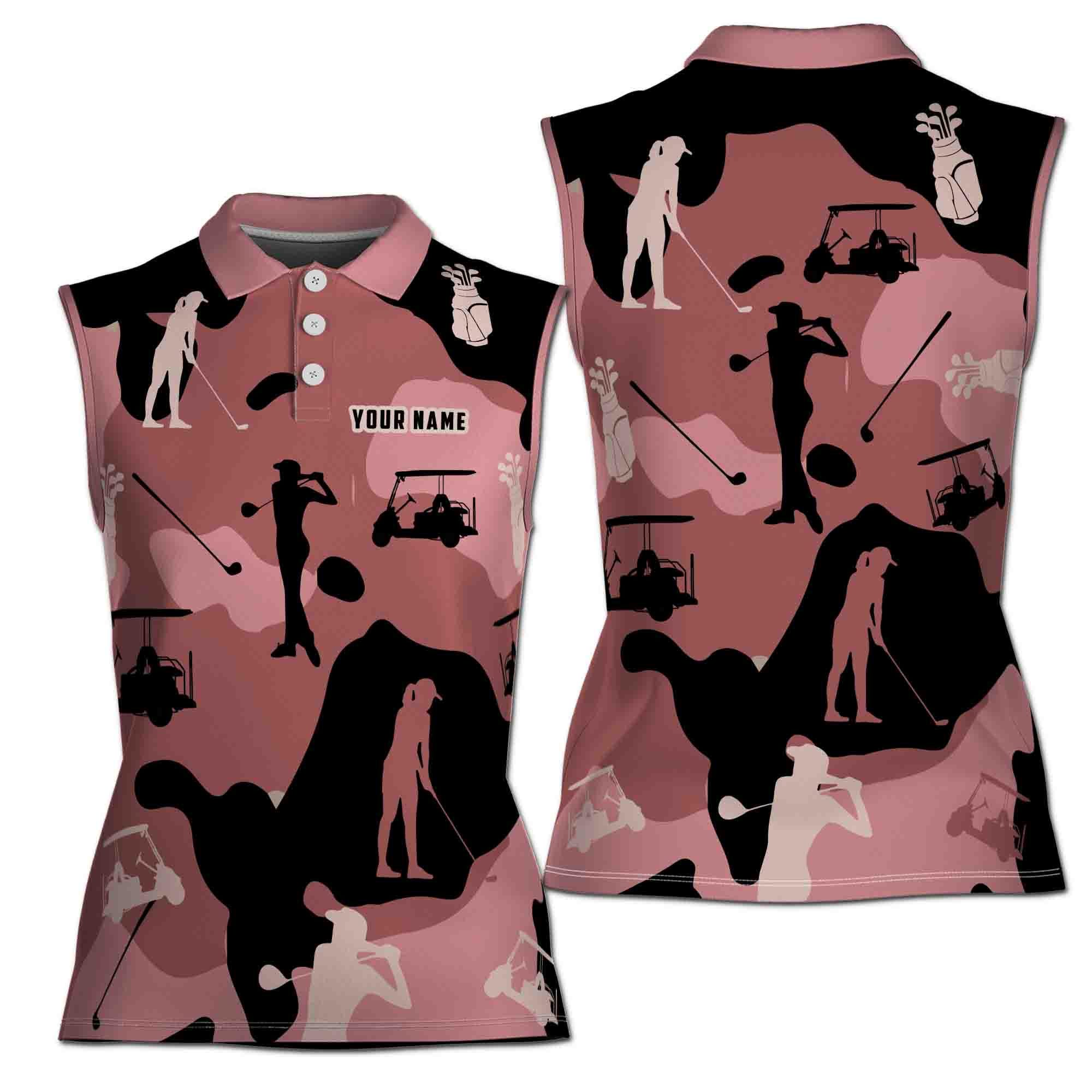 Pink Camouflage Golf Girl Custom Name 3D Women Sleeveless Polo Size