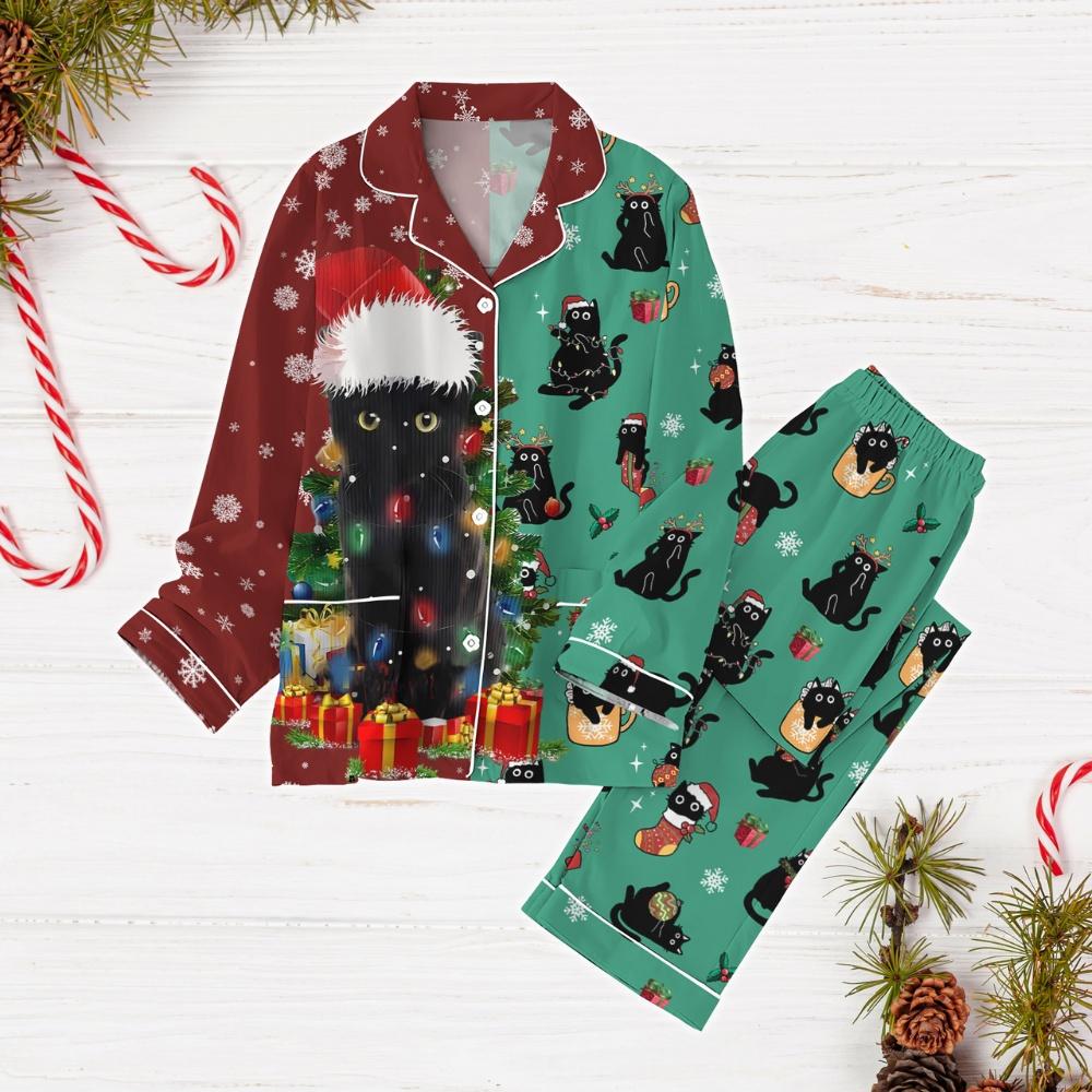Christmas Black Cat Pajamas Set, Cat Meowy Holiday Pajamas, Cat Santa Family Pajamas, Cute Pet Women Pajamas, Cat Lover Shirt