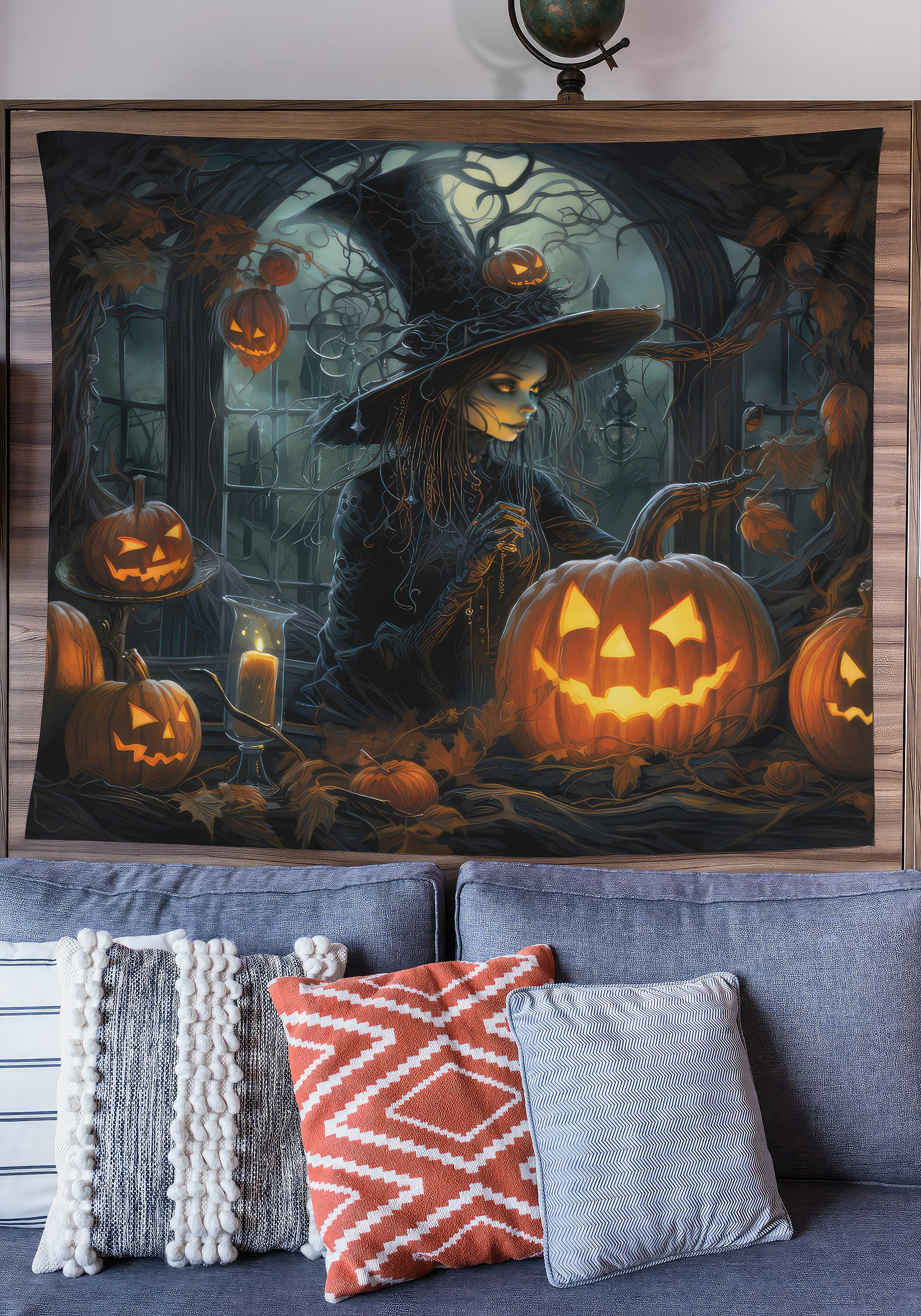 Witch Tapestry, Halloween Art Tapestry, Spooky Home Decor, Whimsigoth Decor, Gothic Art, Halloween Wall Art, Haunted House Art, Scary Art