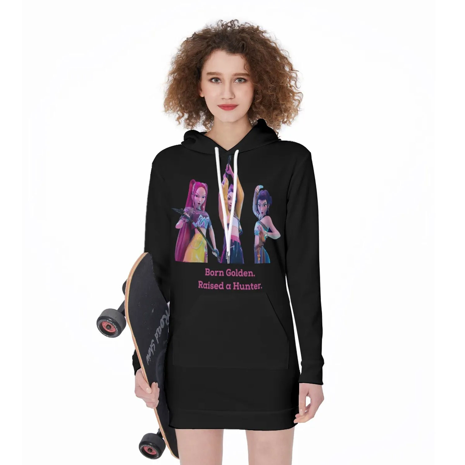 KPop Demon Hunter Hoodie Dress for Girls All-Over Print Long Hoodie, Korean Streetwear, Anime Kawaii Outfit, 200 GSM Soft Fabric