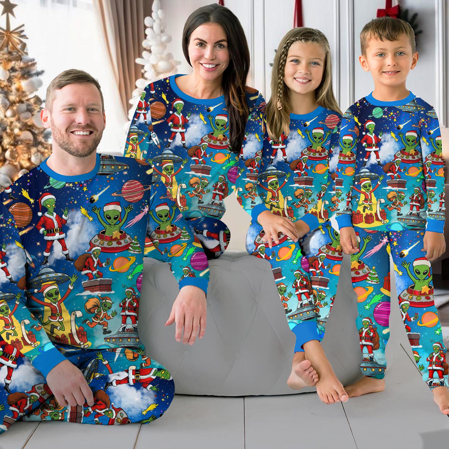 Funny Alien Christmas Pajama Set for Adults and Kids, Matching Family Holiday Sleepwear with Santa UFO Design