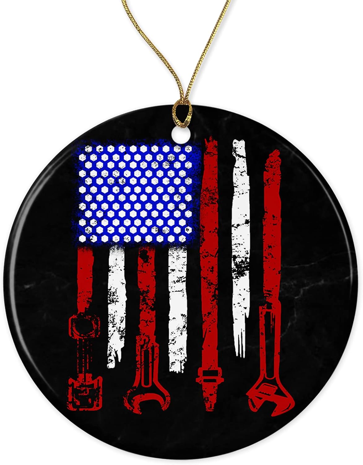 American Flag Mechanic Christmas Ornaments - Family Christmas Ornament - Gift Ceramic Holiday Decoration Present Porcelain 3inch Flat with Gold Ribbon Both Sides White